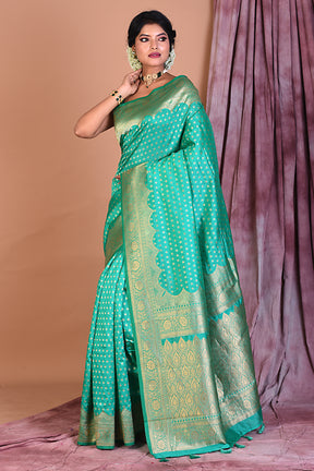 Sea Green Semi Katan Saree with Golden Zari - Keya Seth Exclusive