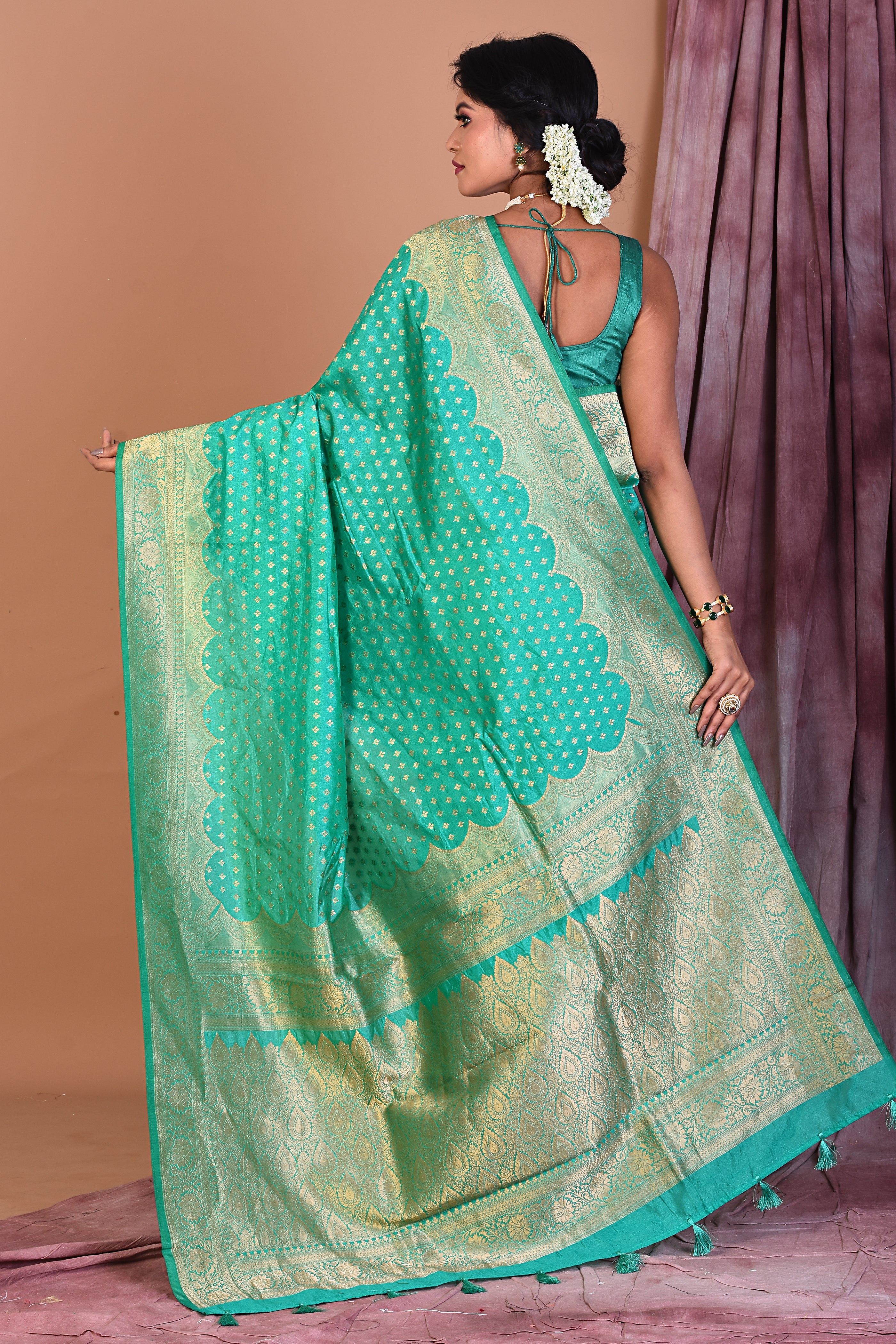 Sea Green Semi Katan Saree with Golden Zari - Keya Seth Exclusive