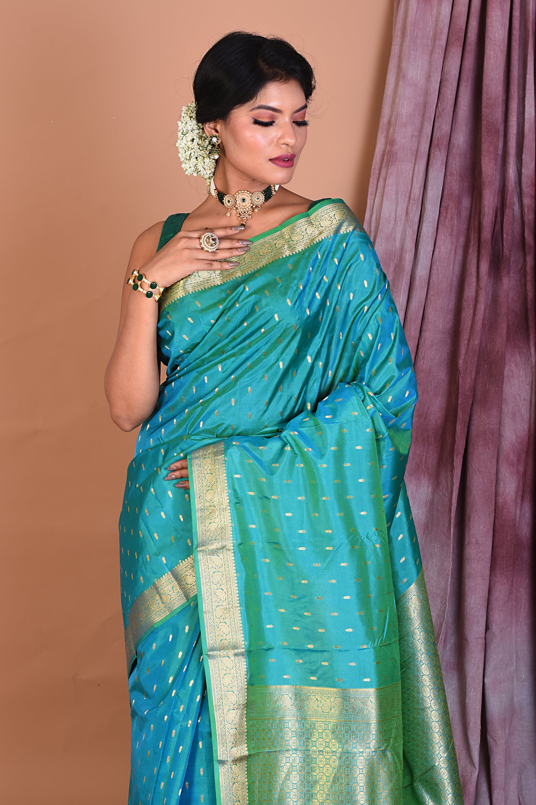 Sea Green Pure Kanjivaram Saree with Golden Borders - Keya Seth Exclusive