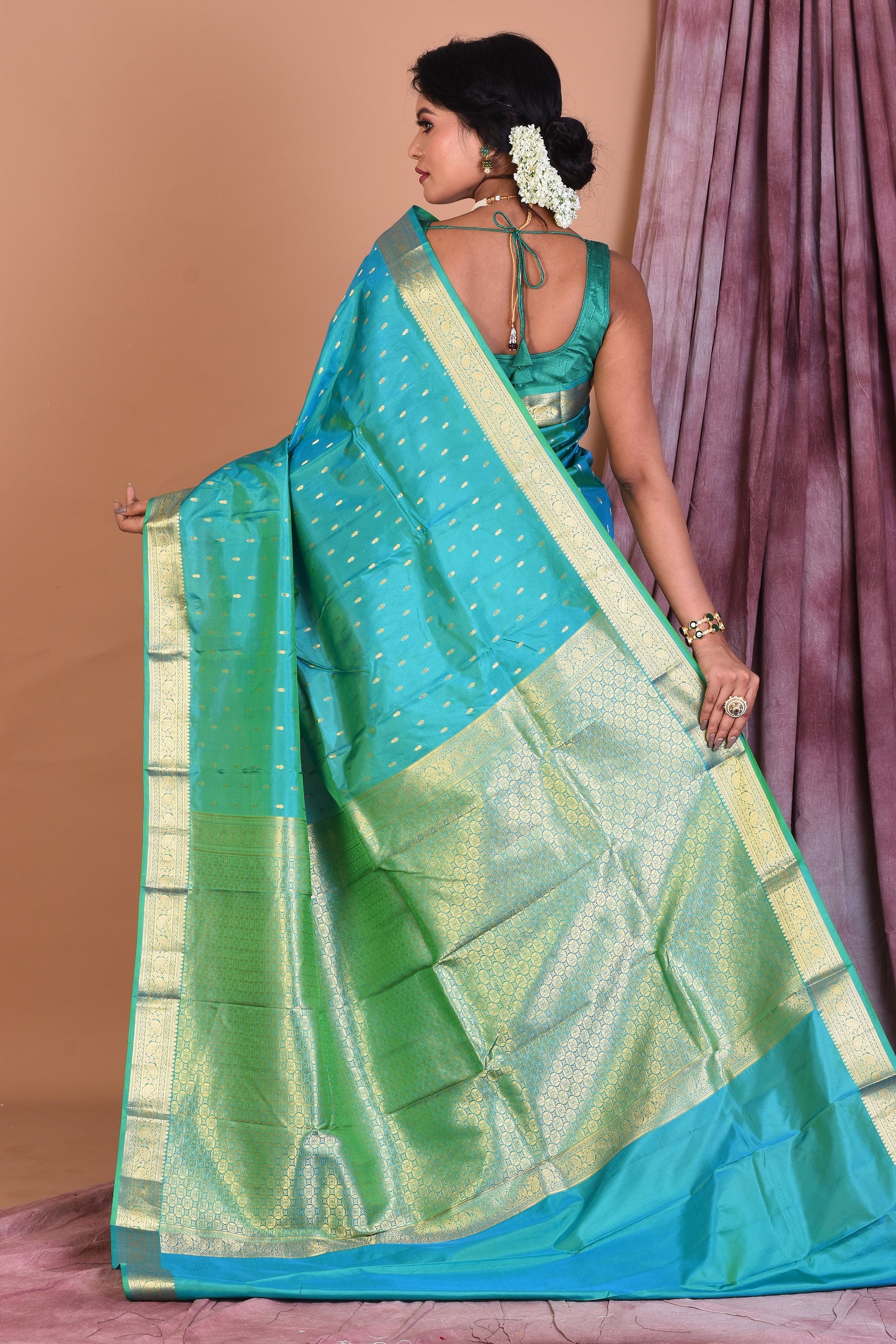 Sea Green Pure Kanjivaram Saree with Golden Borders - Keya Seth Exclusive