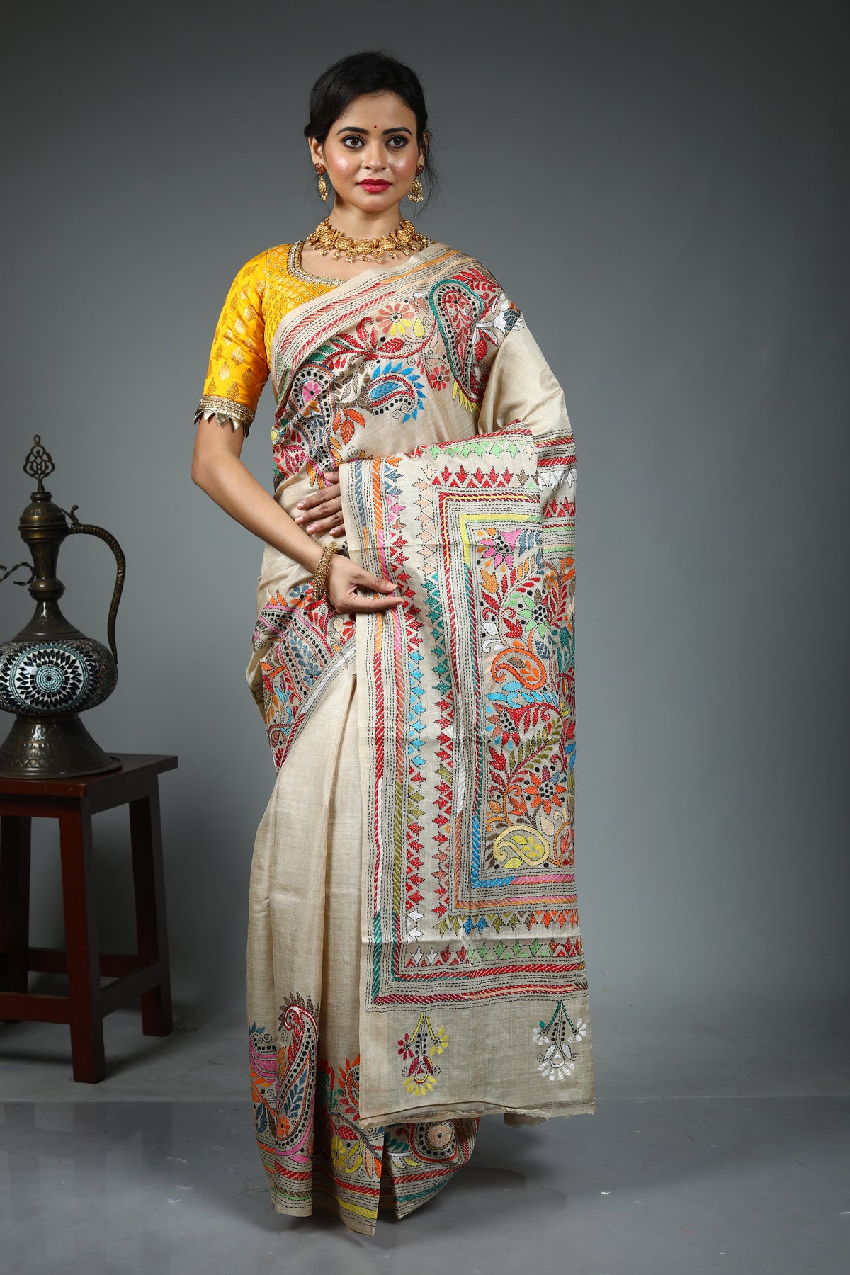 Beige Pure Tussar Kantha Stitch Saree