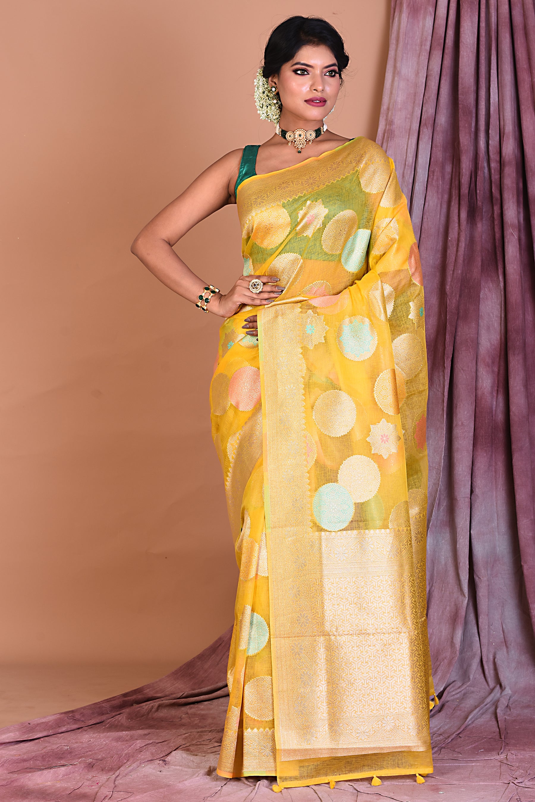 Yellow Blended Organza Saree with Zari Work - Keya Seth Exclusive