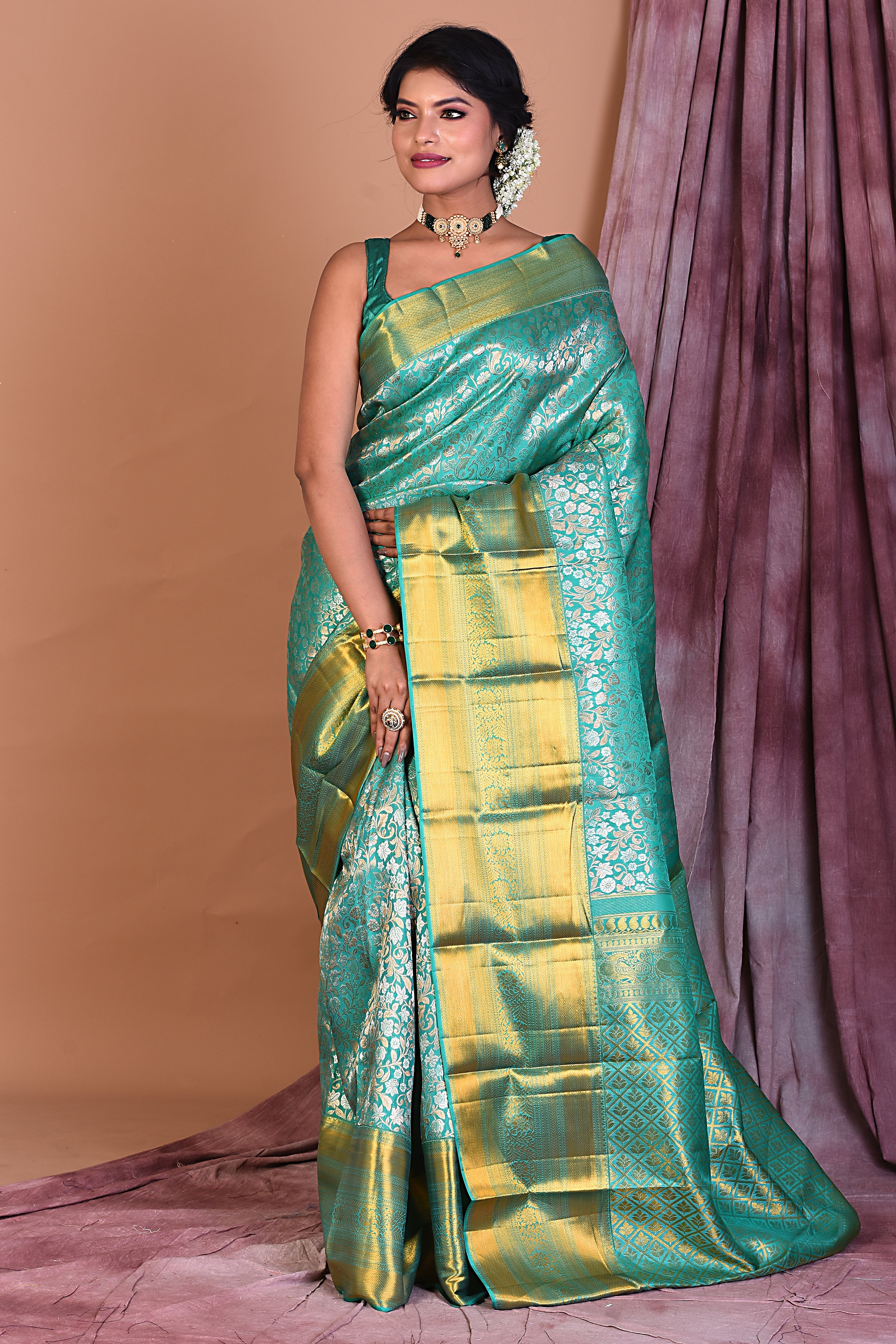 Green Pure Kanjivaram Saree with Golden Borders - Keya Seth Exclusive