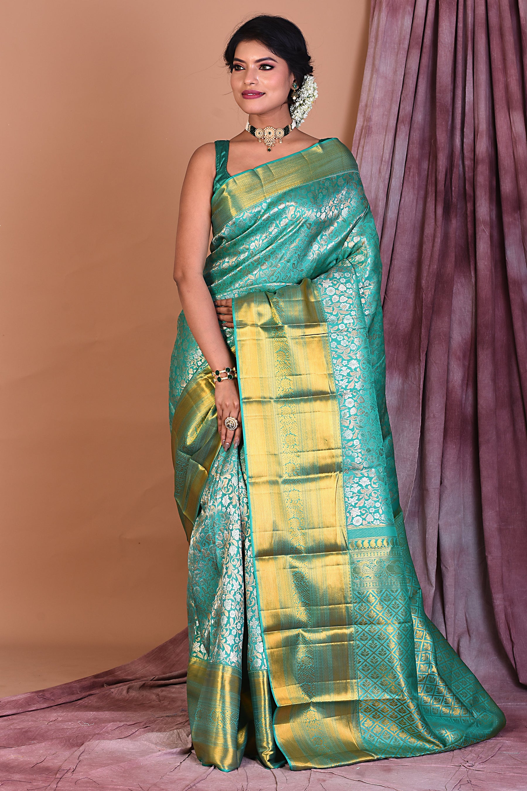 Green Pure Kanjivaram Saree with Golden Borders - Keya Seth Exclusive