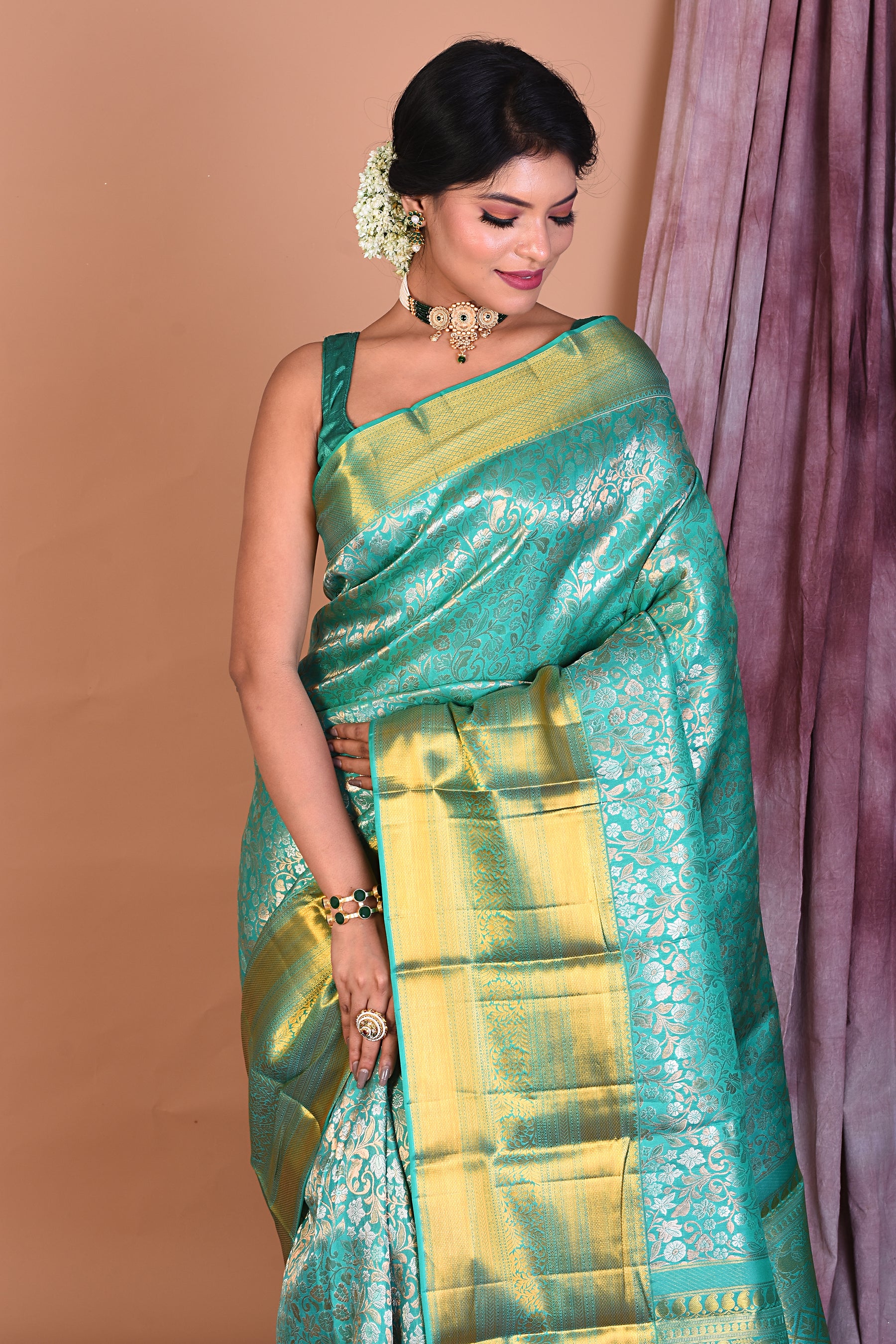 Green Pure Kanjivaram Saree with Golden Borders - Keya Seth Exclusive