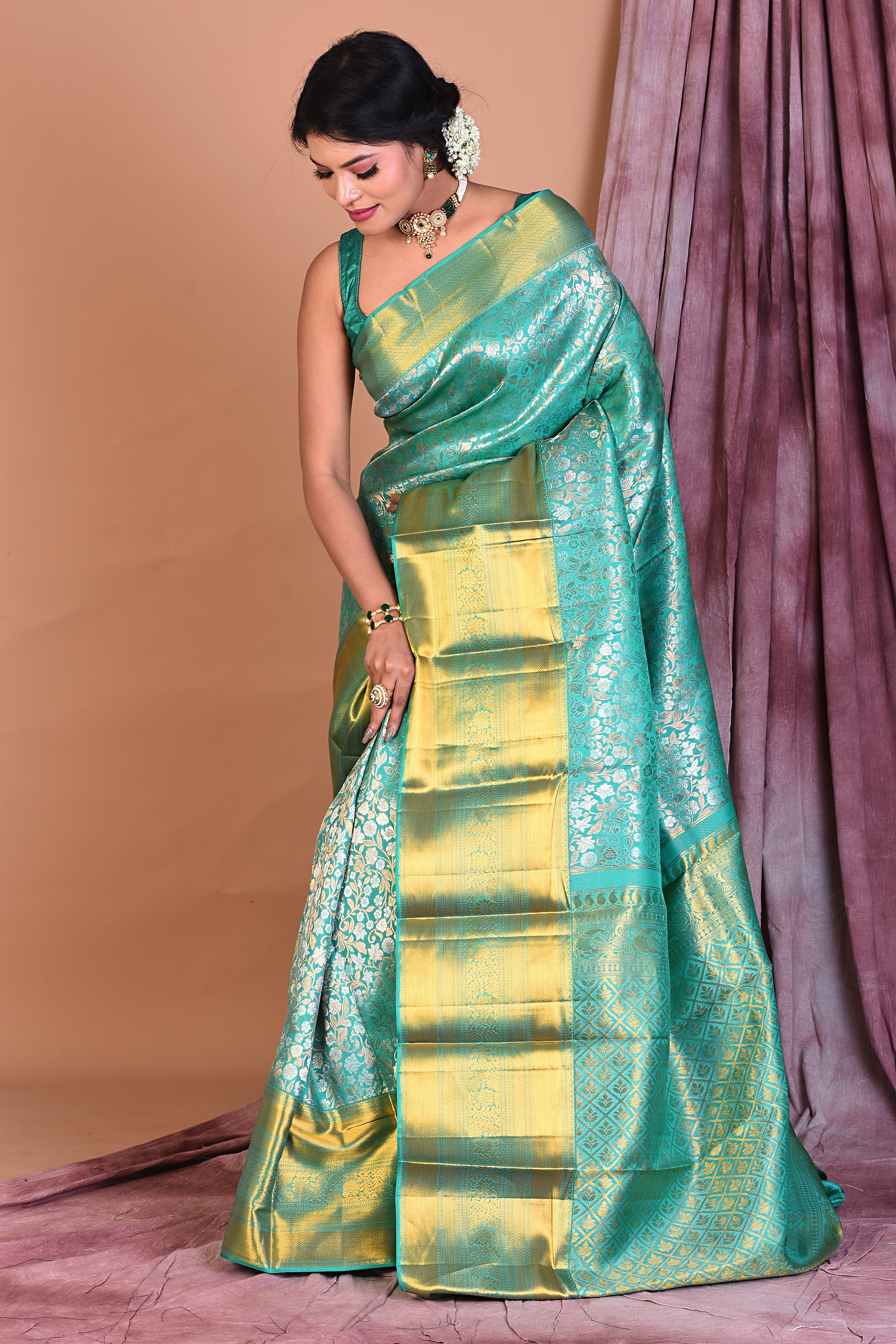 Green Pure Kanjivaram Saree with Golden Borders - Keya Seth Exclusive