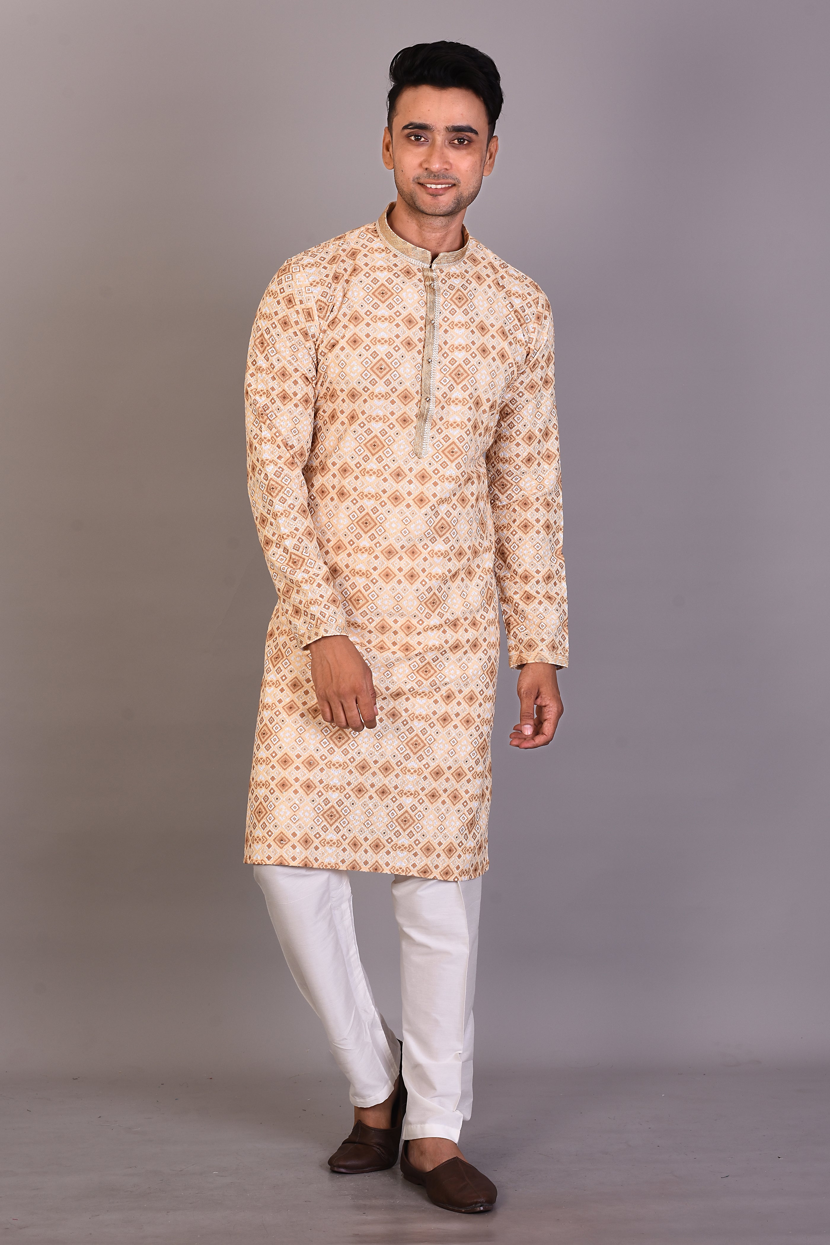 Long Yellow Printed Silk Kurta and Full Sleeves - Keya Seth Exclusive