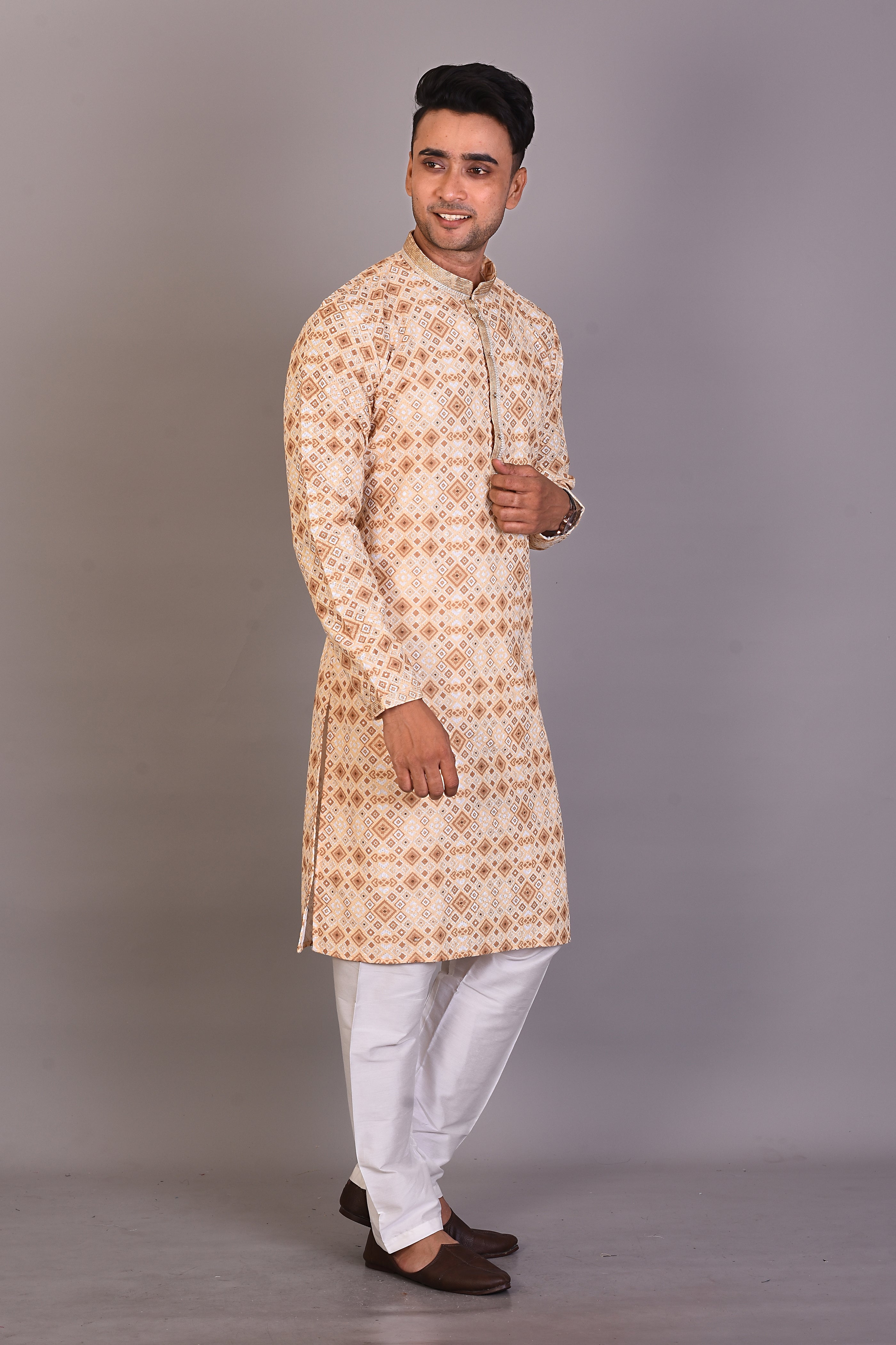 Long Yellow Printed Silk Kurta and Full Sleeves - Keya Seth Exclusive