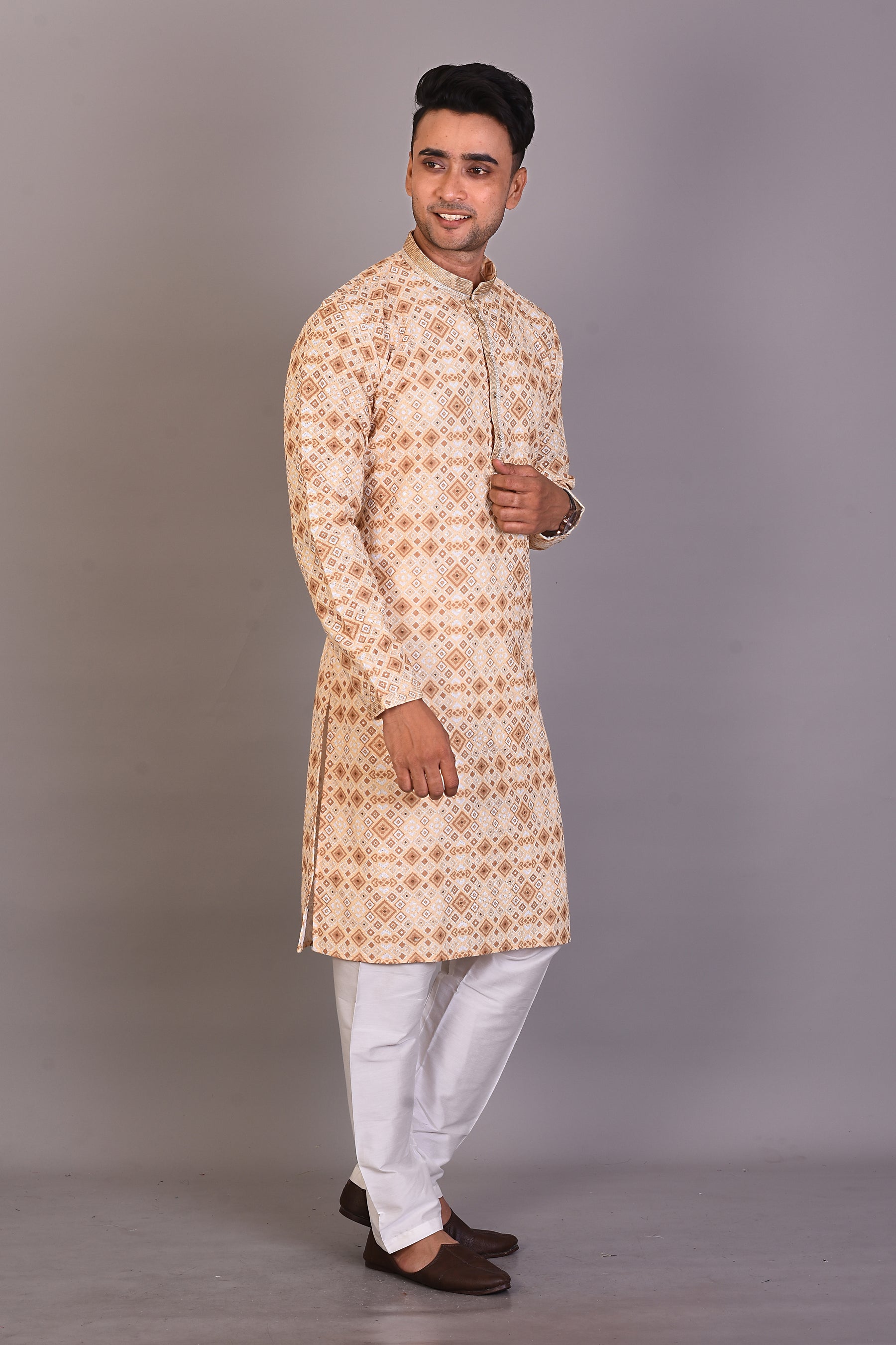 Long Yellow Printed Silk Kurta and Full Sleeves - Keya Seth Exclusive