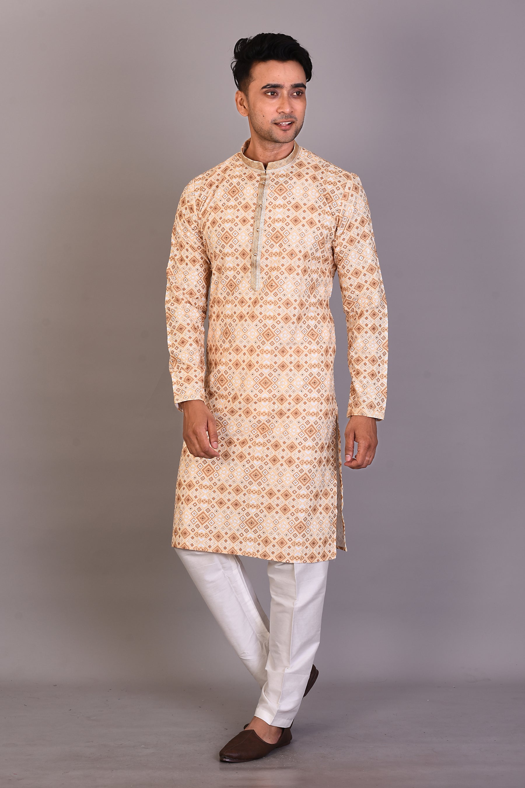 Long Yellow Printed Silk Kurta and Full Sleeves - Keya Seth Exclusive