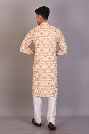 Long Yellow Printed Silk Kurta and Full Sleeves - Keya Seth Exclusive