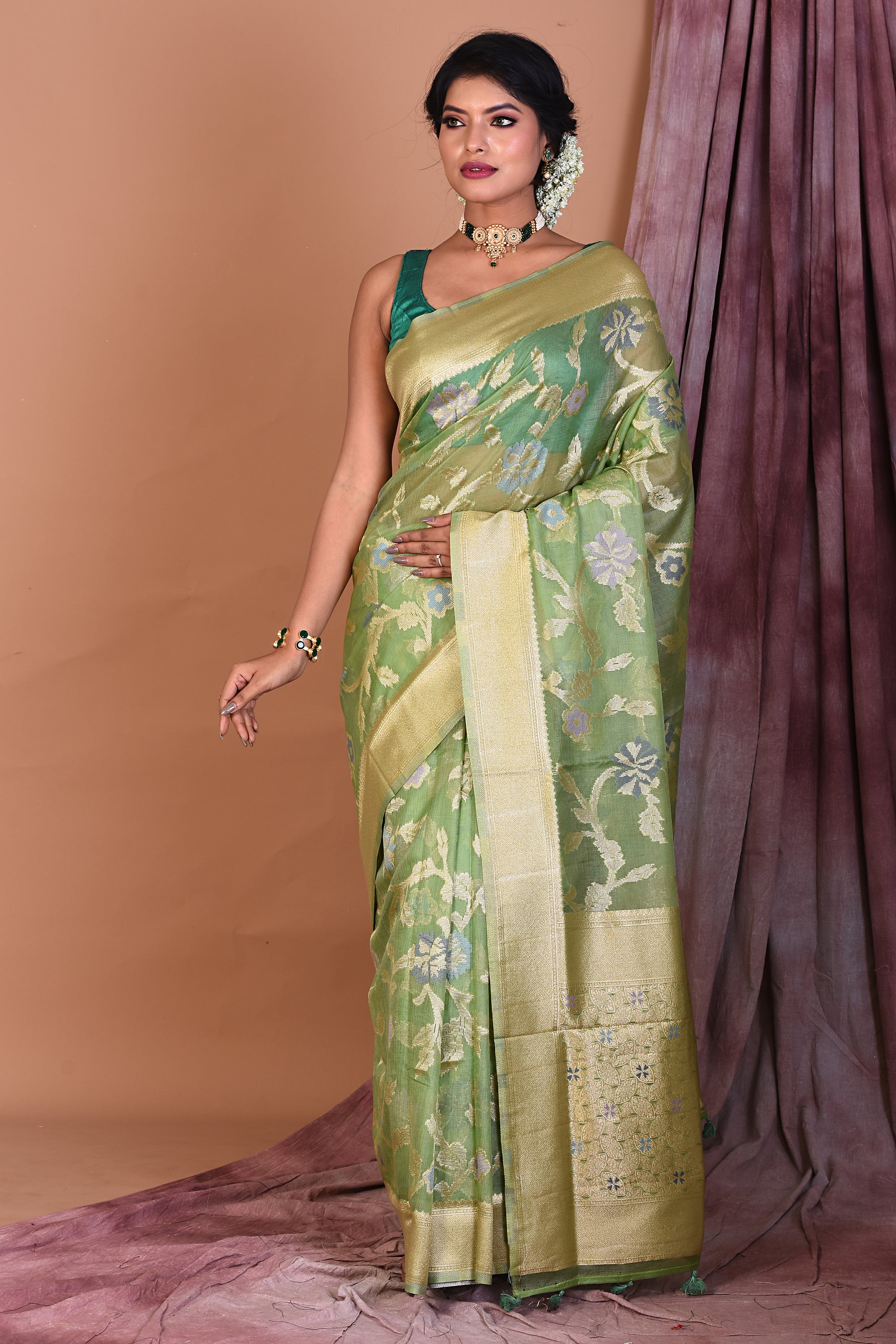 Green Blended Organza Saree with Zari Work - Keya Seth Exclusive