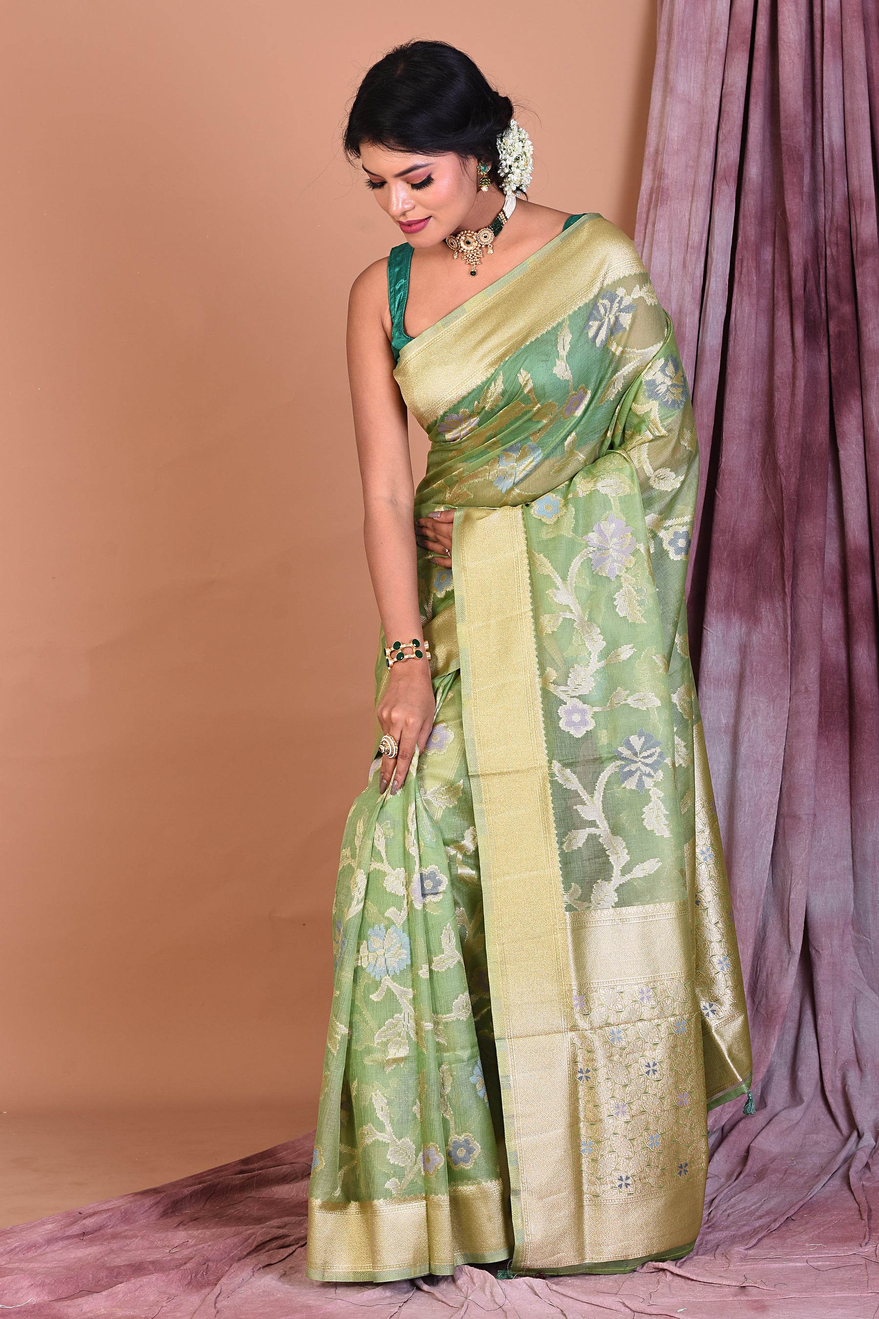 Green Blended Organza Saree with Zari Work - Keya Seth Exclusive