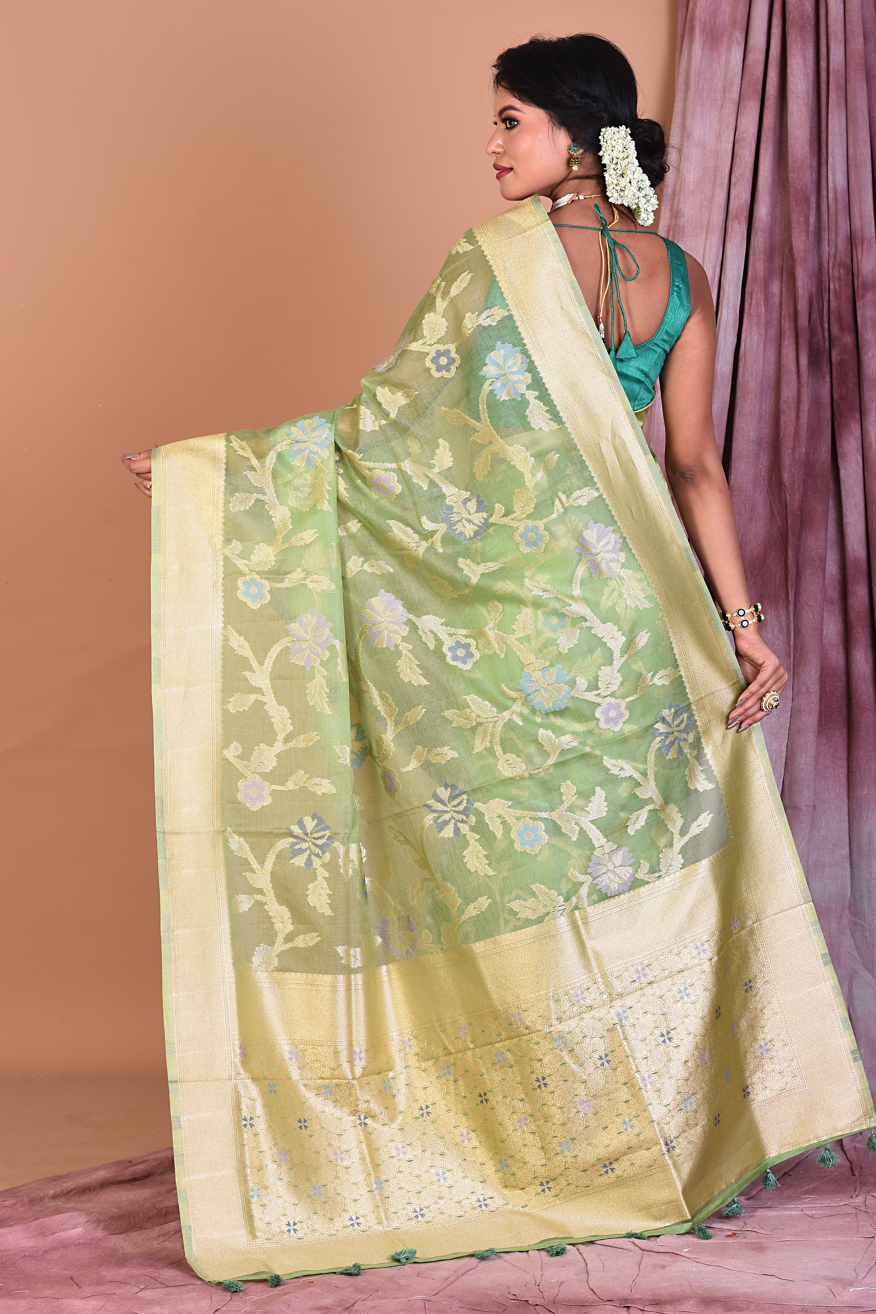 Green Blended Organza Saree with Zari Work - Keya Seth Exclusive