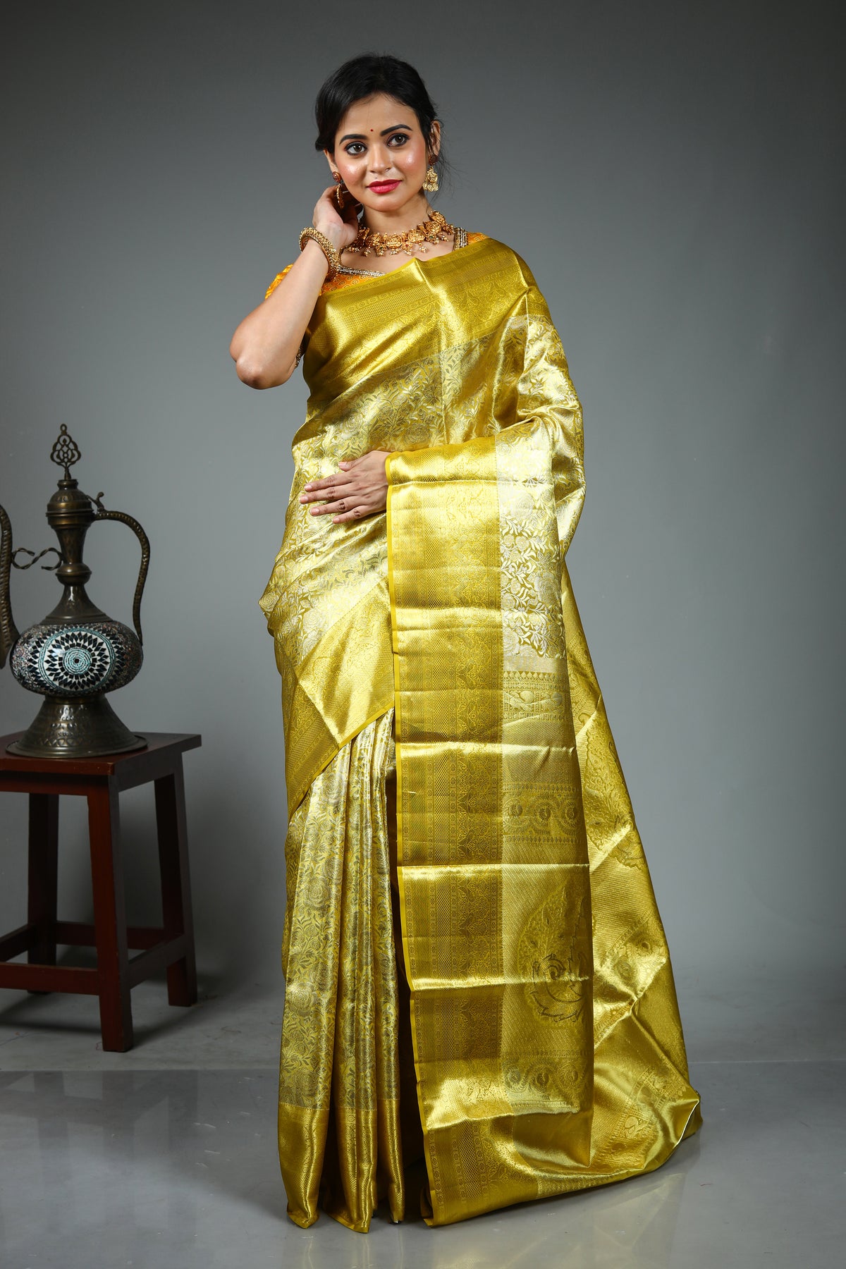 Yellow Dual Tone Pure Tissue Kanjivaram Saree