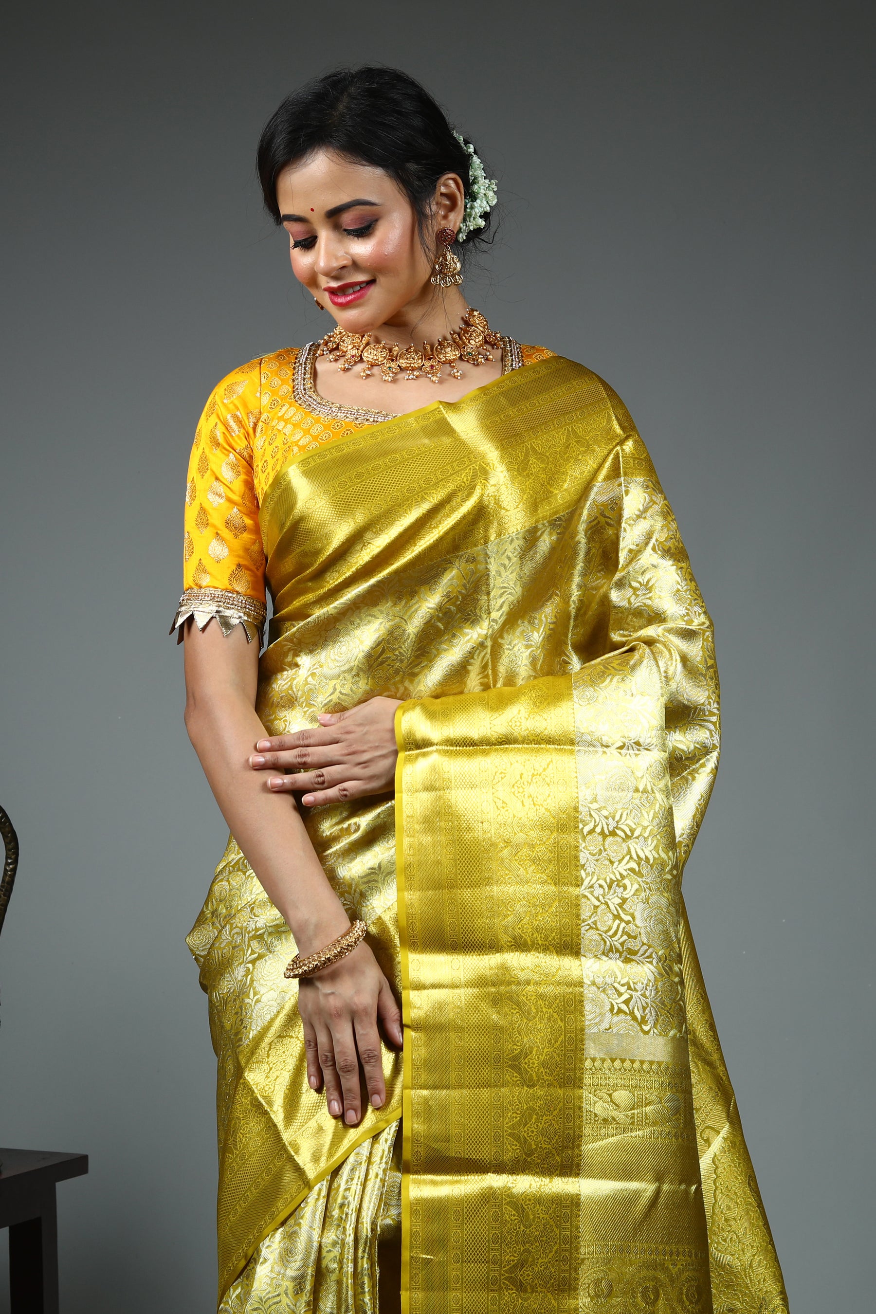 Yellow Dual Tone Pure Tissue Kanjivaram Saree