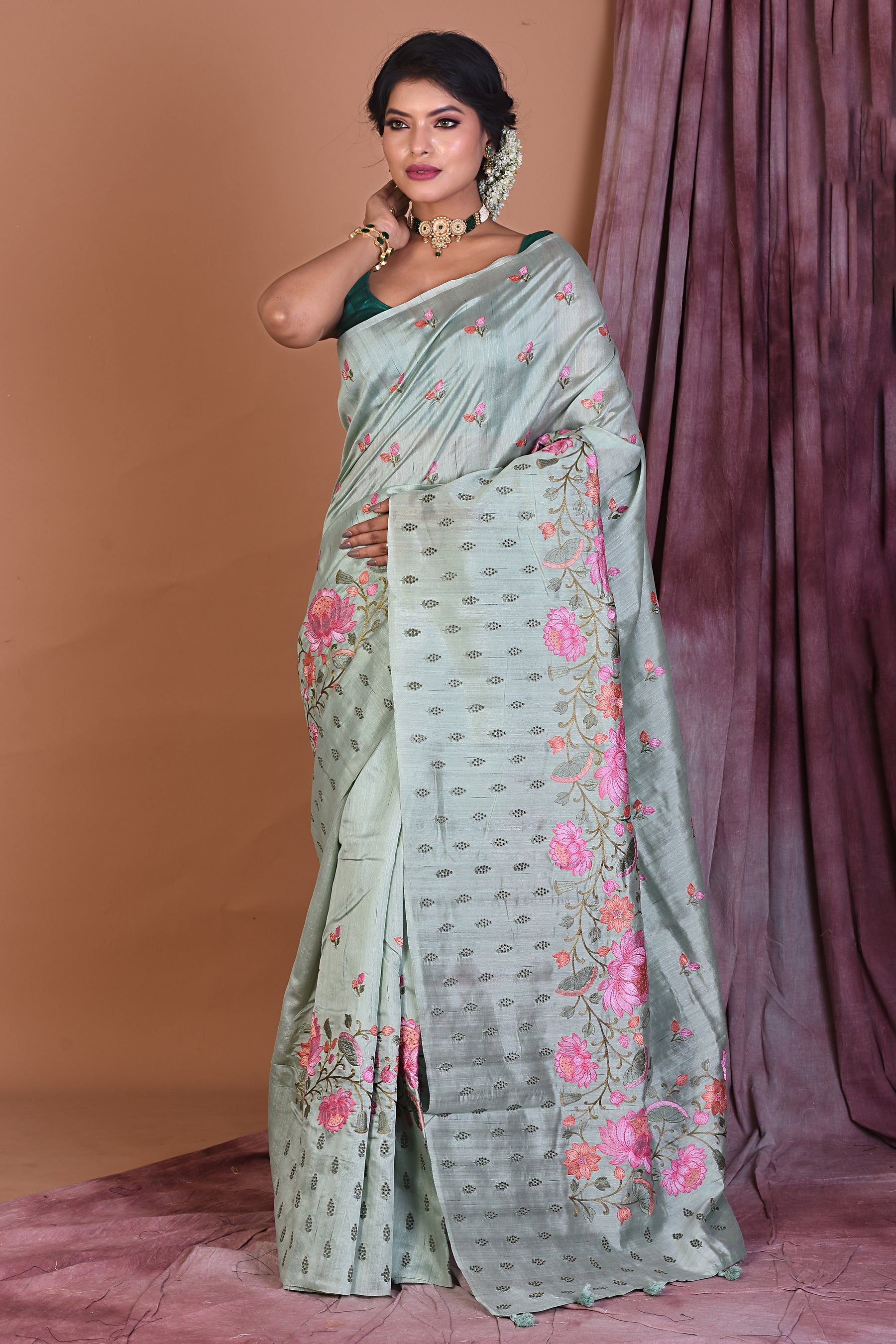 Sea Green Blended Tussar Saree with Threadwork - Keya Seth Exclusive