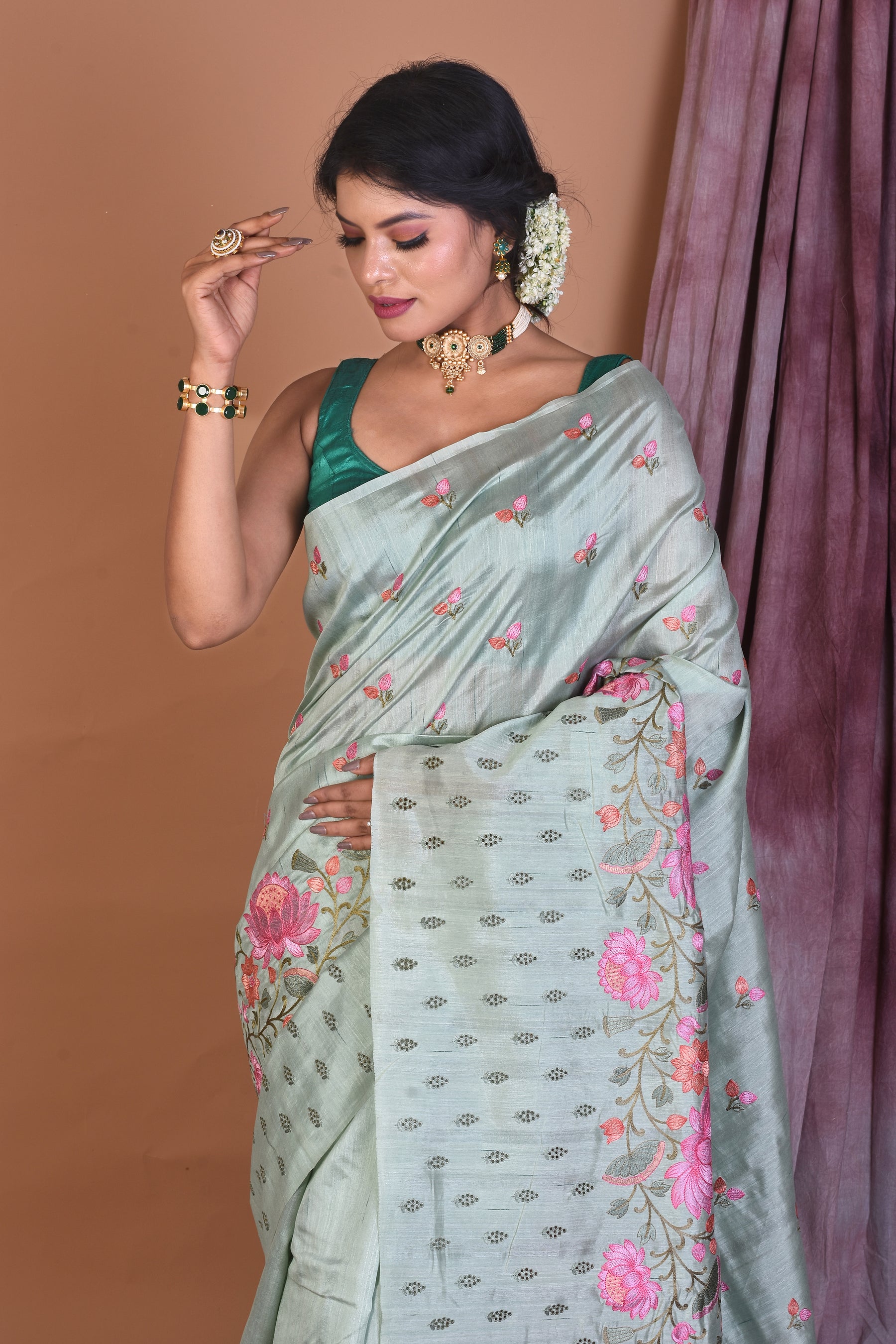 Sea Green Blended Tussar Saree with Threadwork - Keya Seth Exclusive