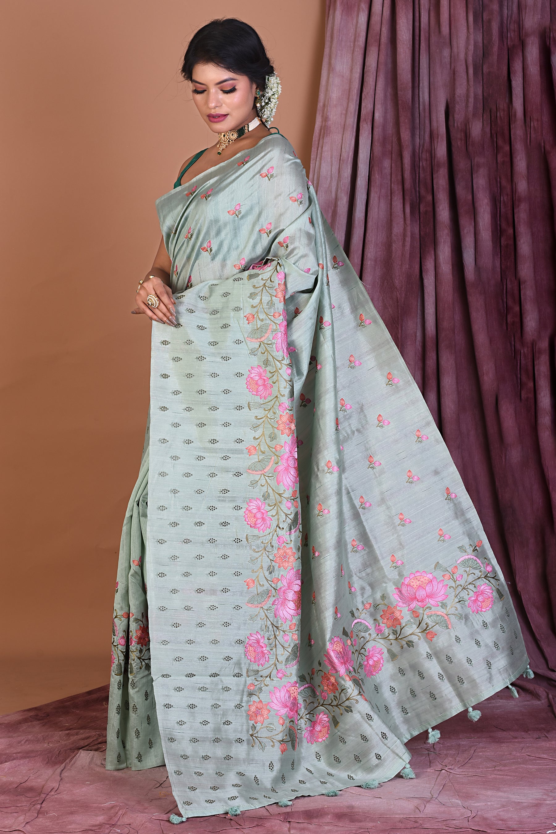 Sea Green Blended Tussar Saree with Threadwork - Keya Seth Exclusive