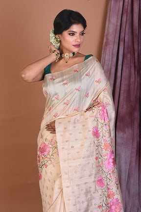 Off-white Blended Tussar Saree with Threadwork - Keya Seth Exclusive