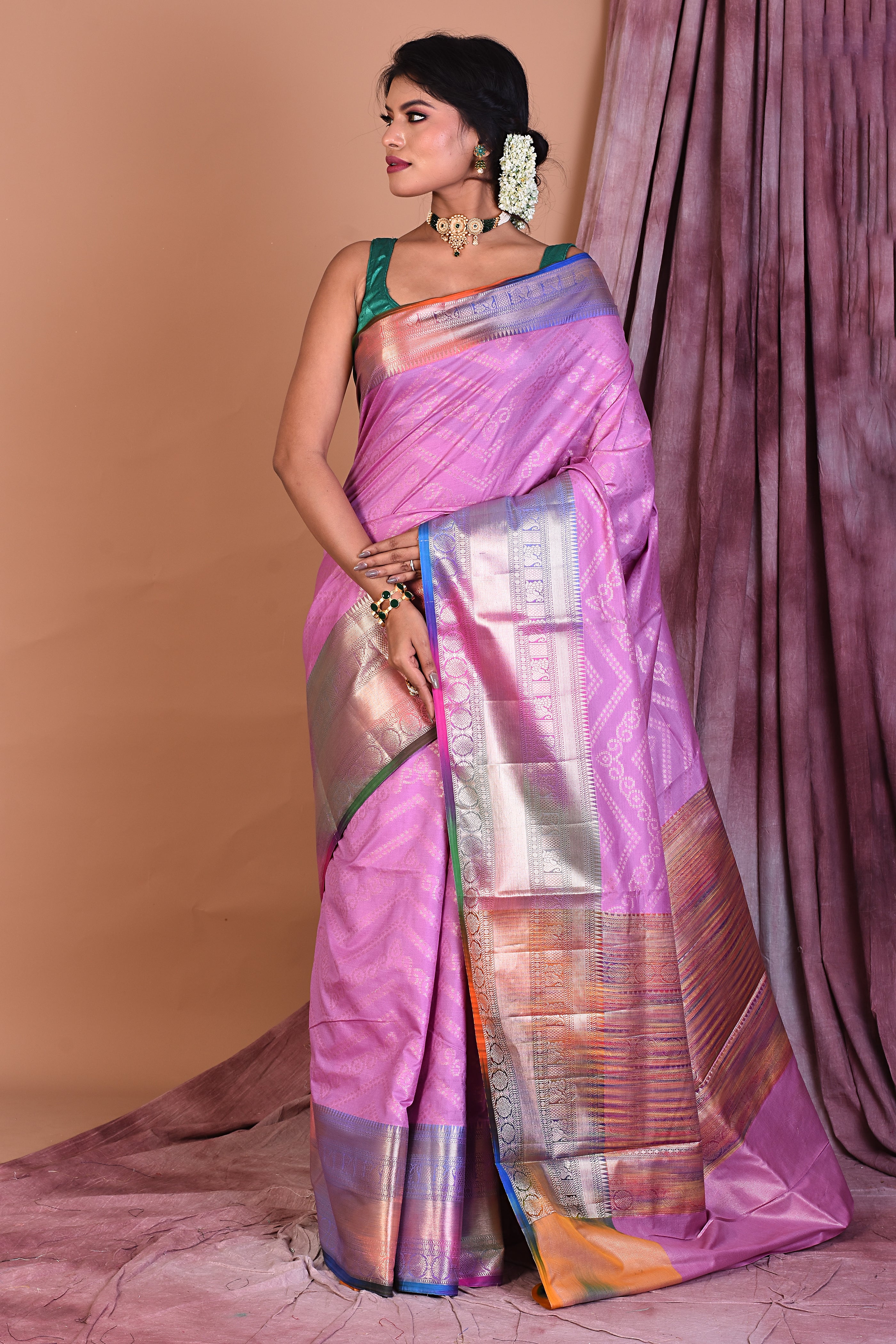 Mauve Blended Tissue Saree with Multicolored Border - Keya Seth Exclusive