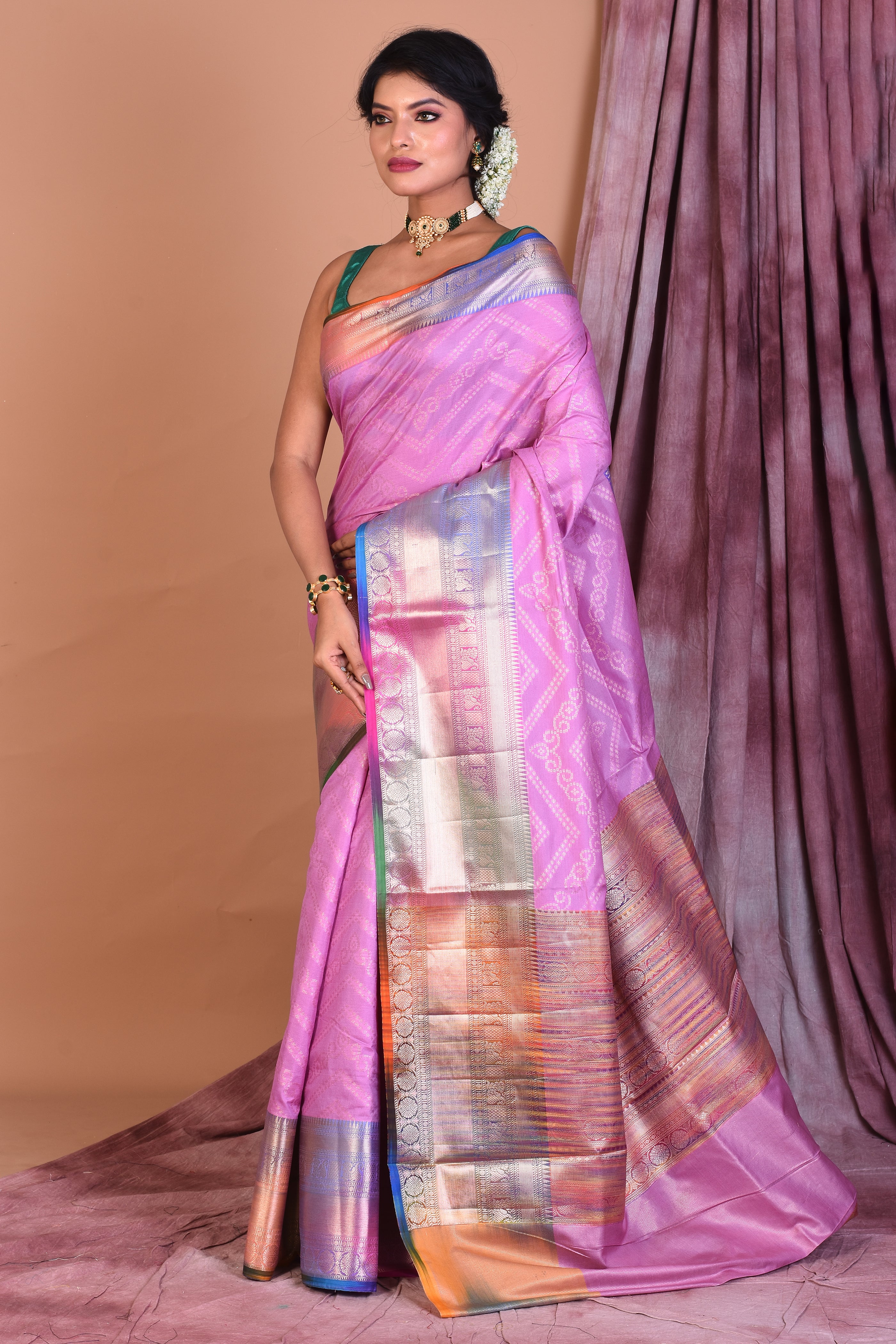 Mauve Blended Tissue Saree with Multicolored Border - Keya Seth Exclusive