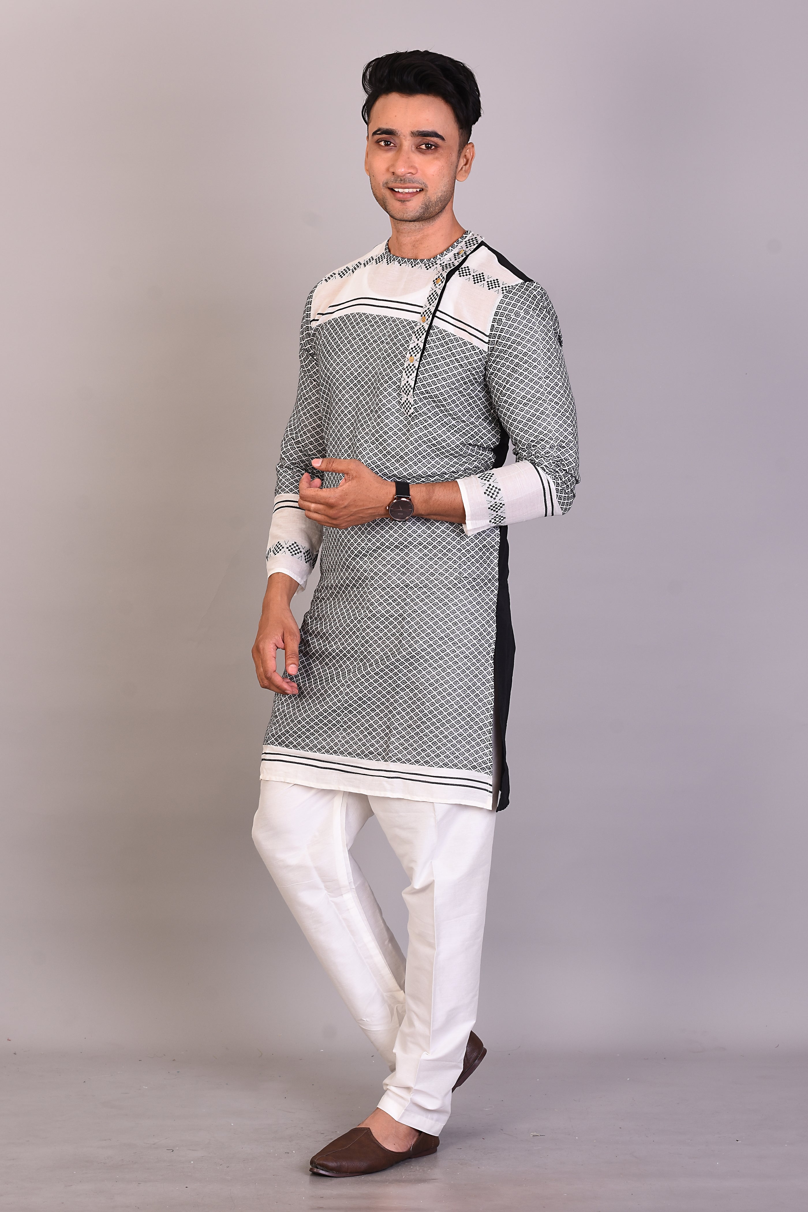 Long White and Black Raw Silk Kurta with Full Sleeves - Keya Seth Exclusive
