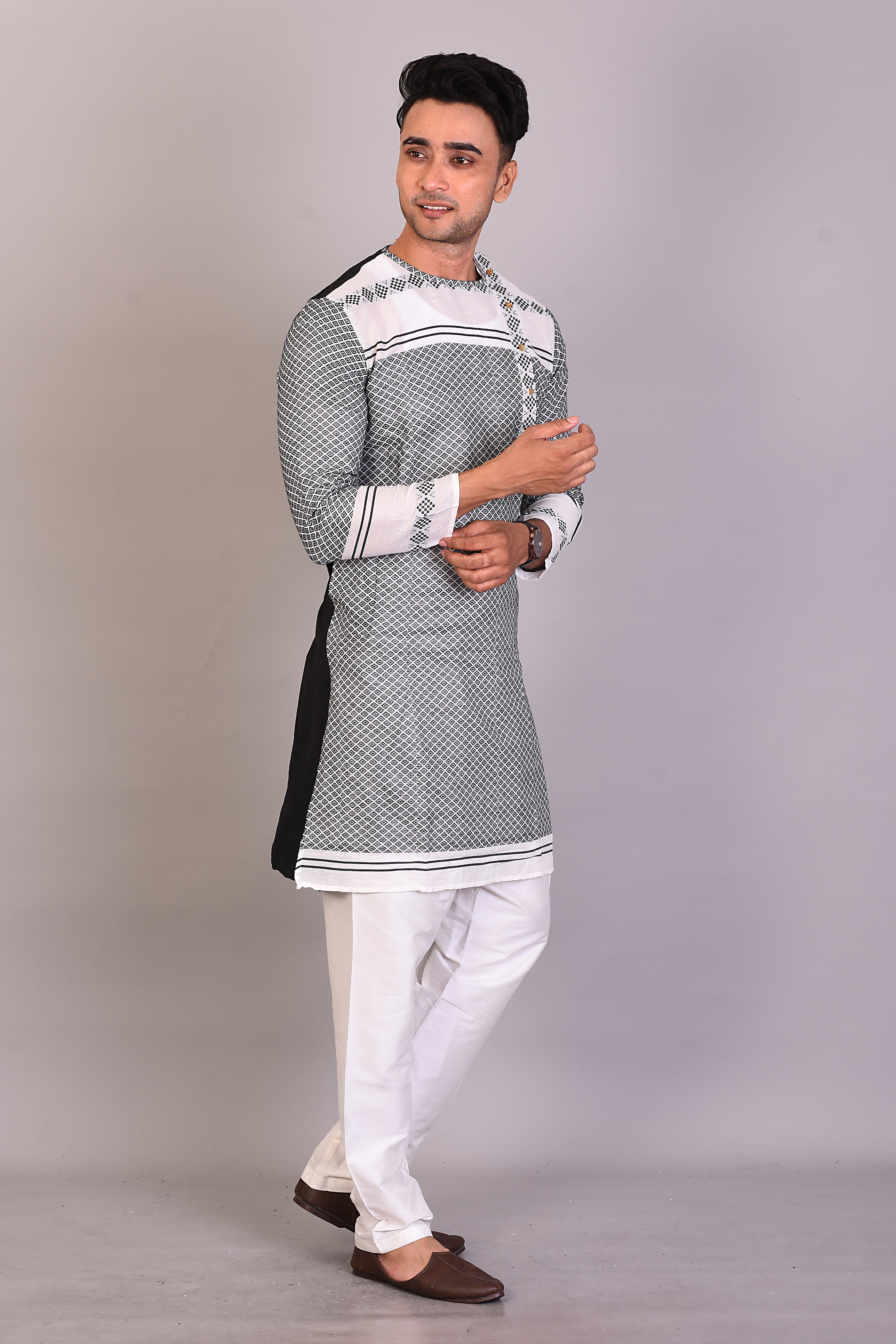 Long White and Black Raw Silk Kurta with Full Sleeves - Keya Seth Exclusive