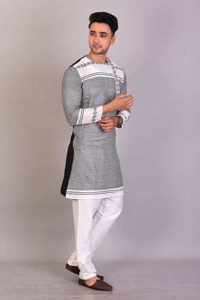 Long White and Black Raw Silk Kurta with Full Sleeves - Keya Seth Exclusive