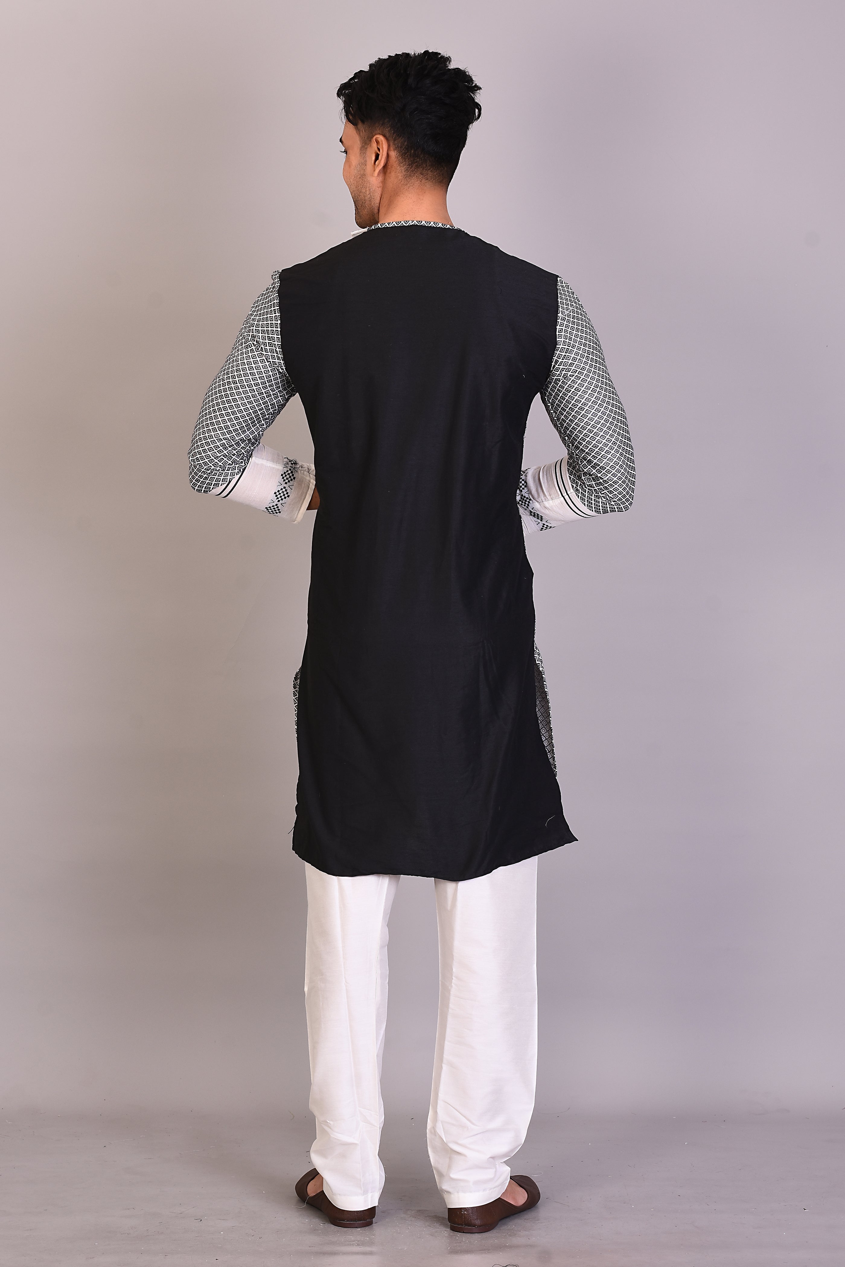 Long White and Black Raw Silk Kurta with Full Sleeves - Keya Seth Exclusive