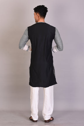 Long White and Black Raw Silk Kurta with Full Sleeves - Keya Seth Exclusive