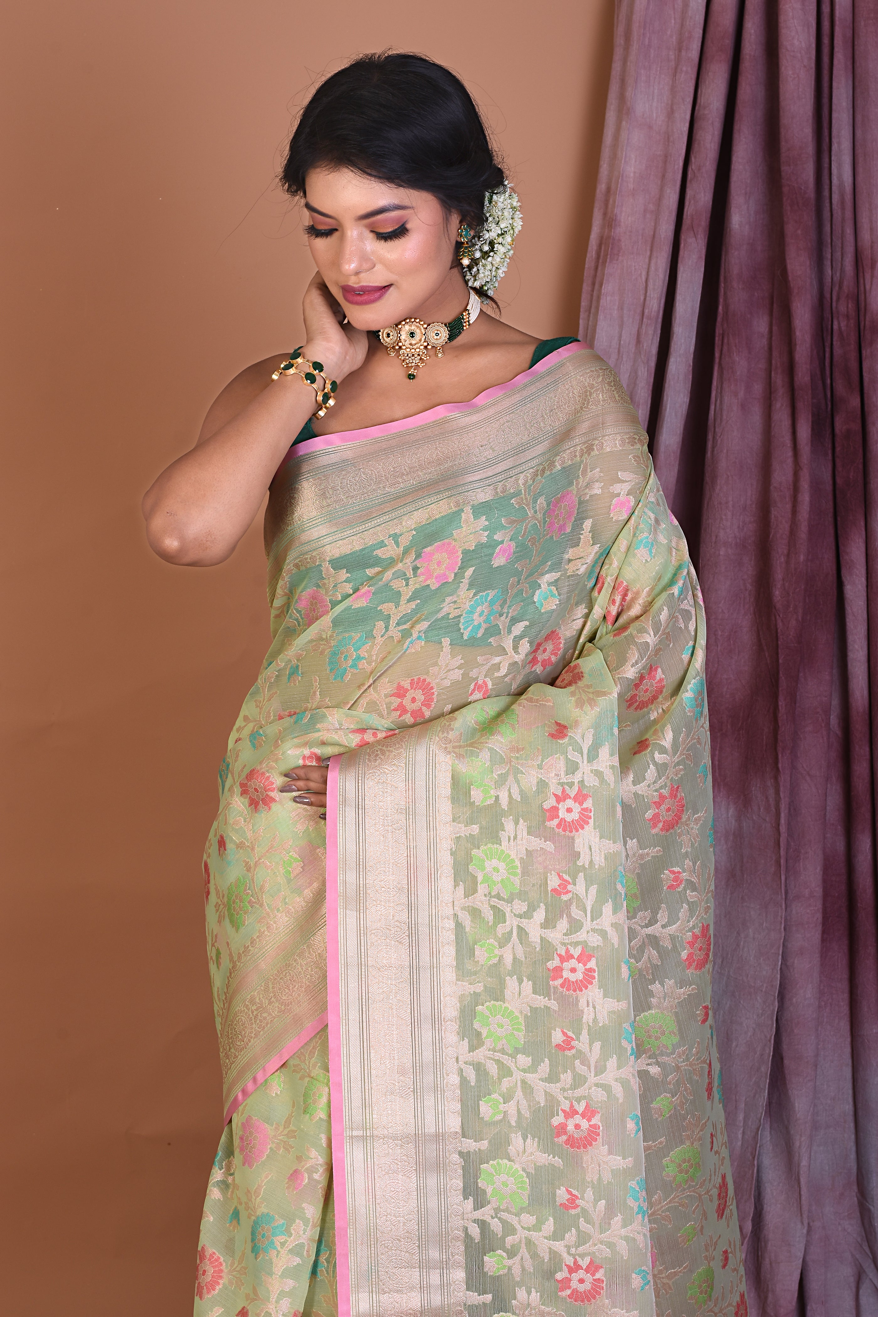 Mint Green Blended Organza Saree with Zari Work - Keya Seth Exclusive