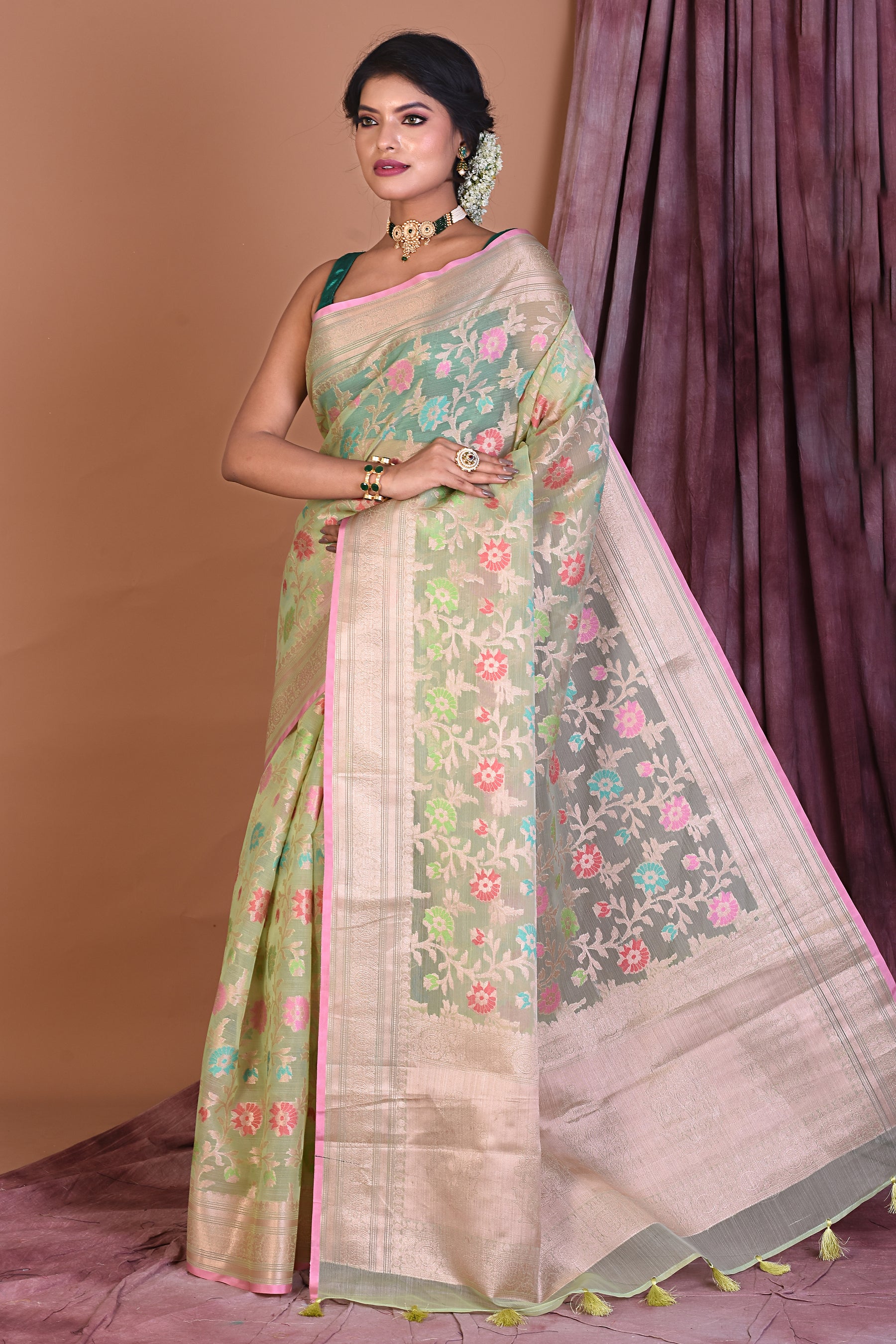 Mint Green Blended Organza Saree with Zari Work - Keya Seth Exclusive