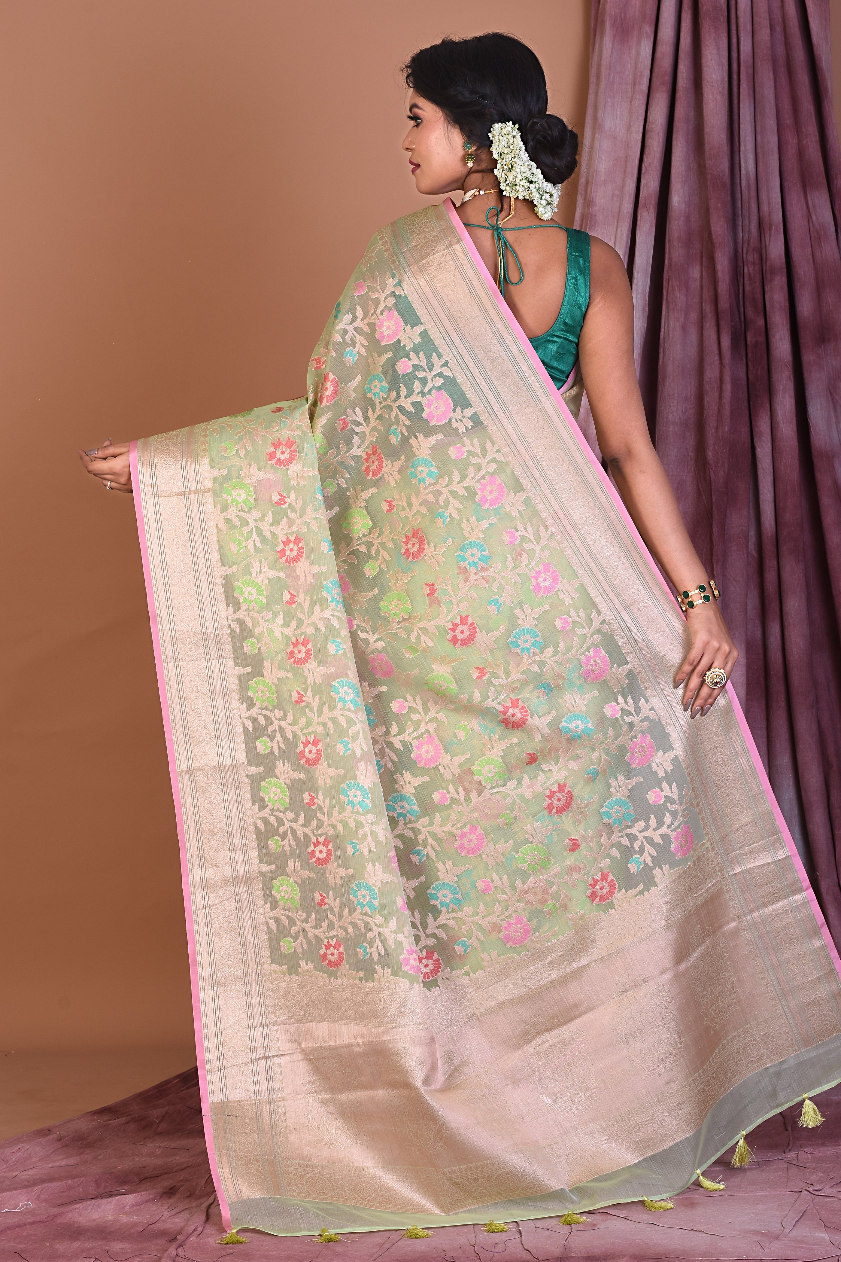 Mint Green Blended Organza Saree with Zari Work - Keya Seth Exclusive