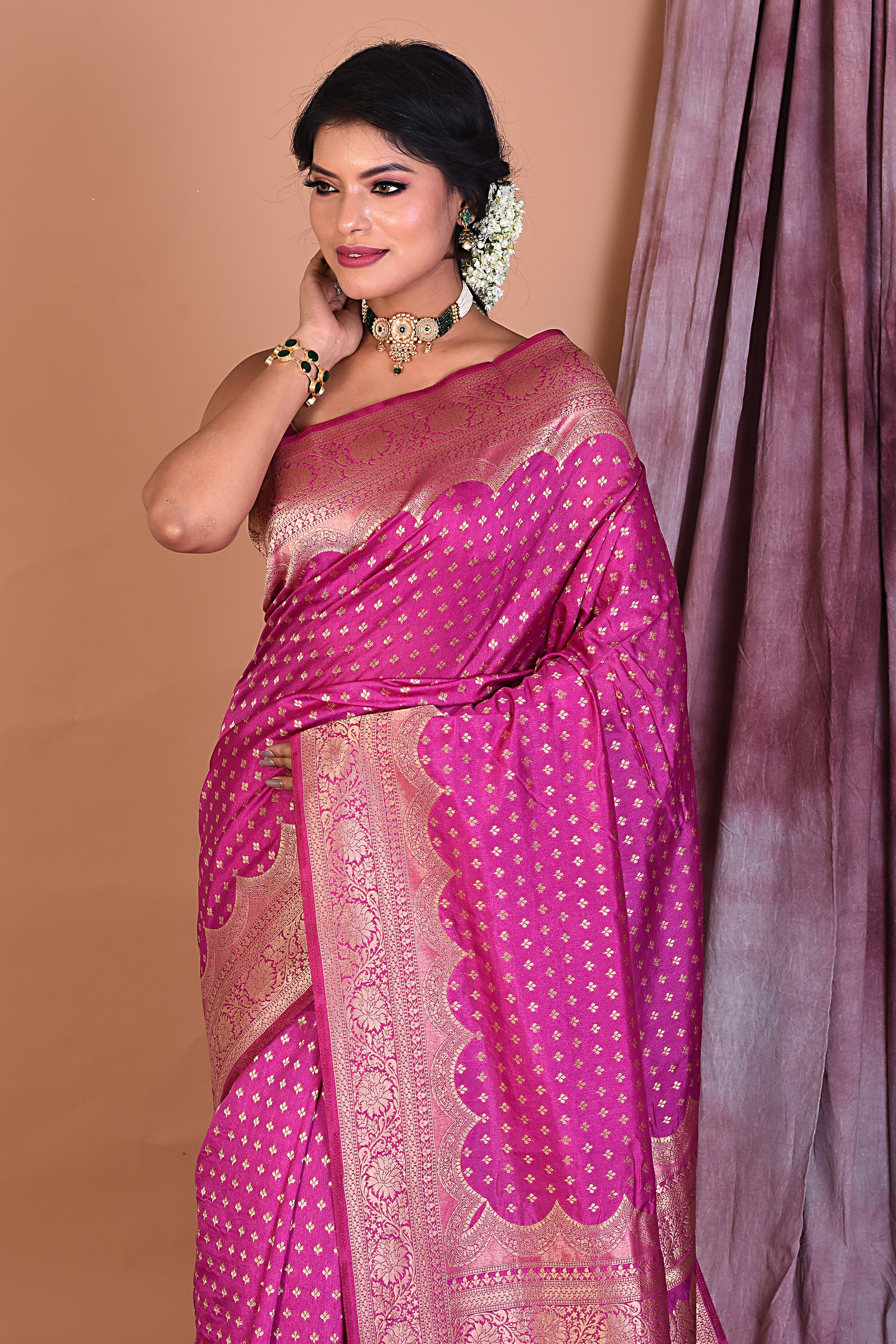 Magenta Semi Katan Saree with Golden Zari - Keya Seth Exclusive