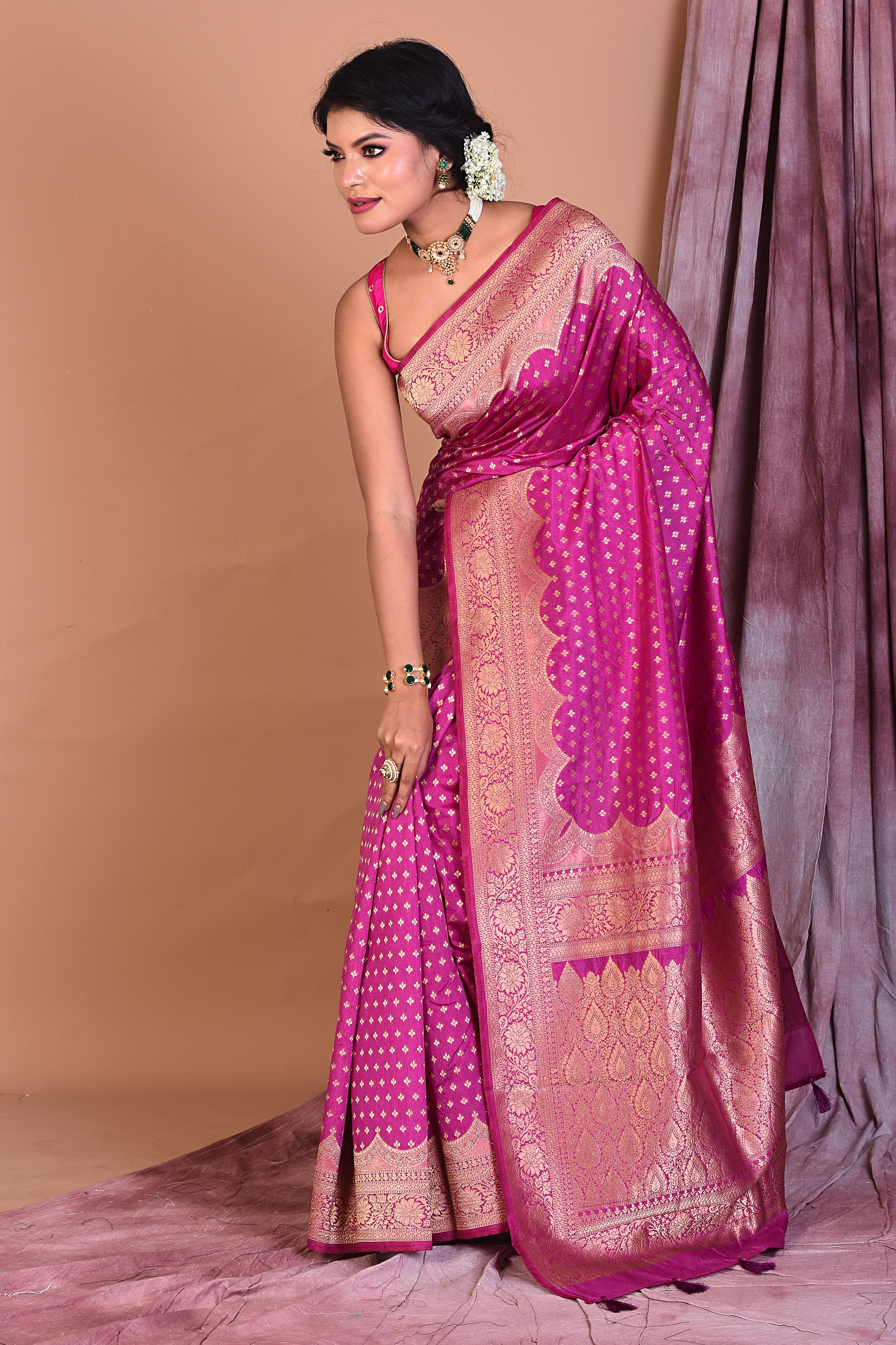 Magenta Semi Katan Saree with Golden Zari - Keya Seth Exclusive