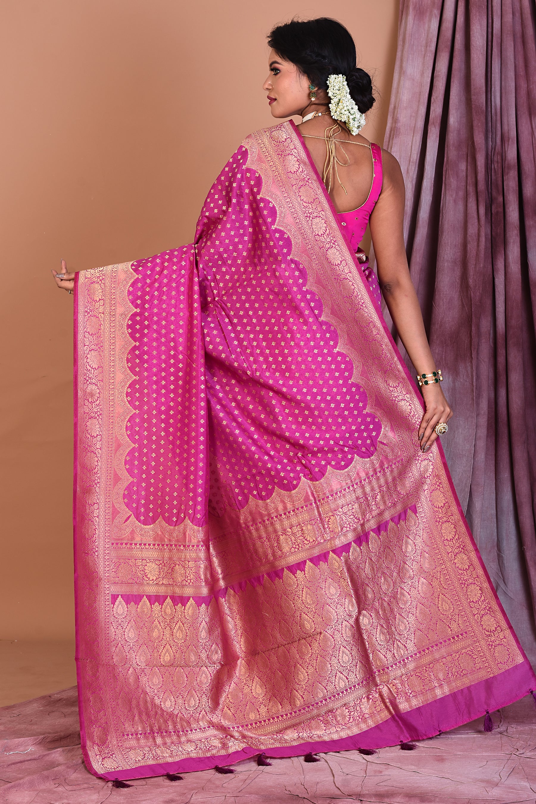 Magenta Semi Katan Saree with Golden Zari - Keya Seth Exclusive