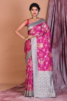 Onion Pink Dola Silk Saree with Grey Borders - Keya Seth Exclusive