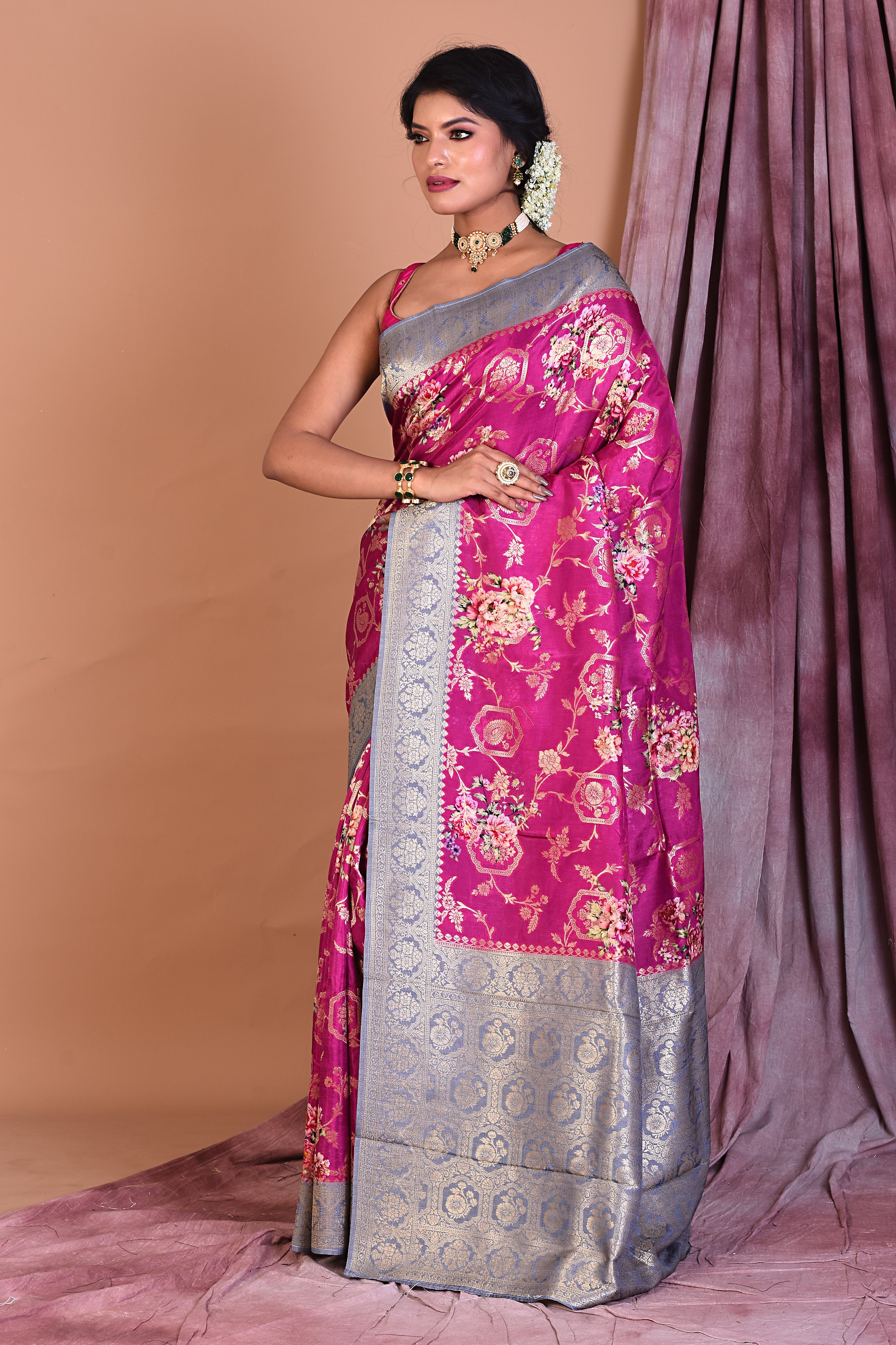 Onion Pink Dola Silk Saree with Grey Borders - Keya Seth Exclusive