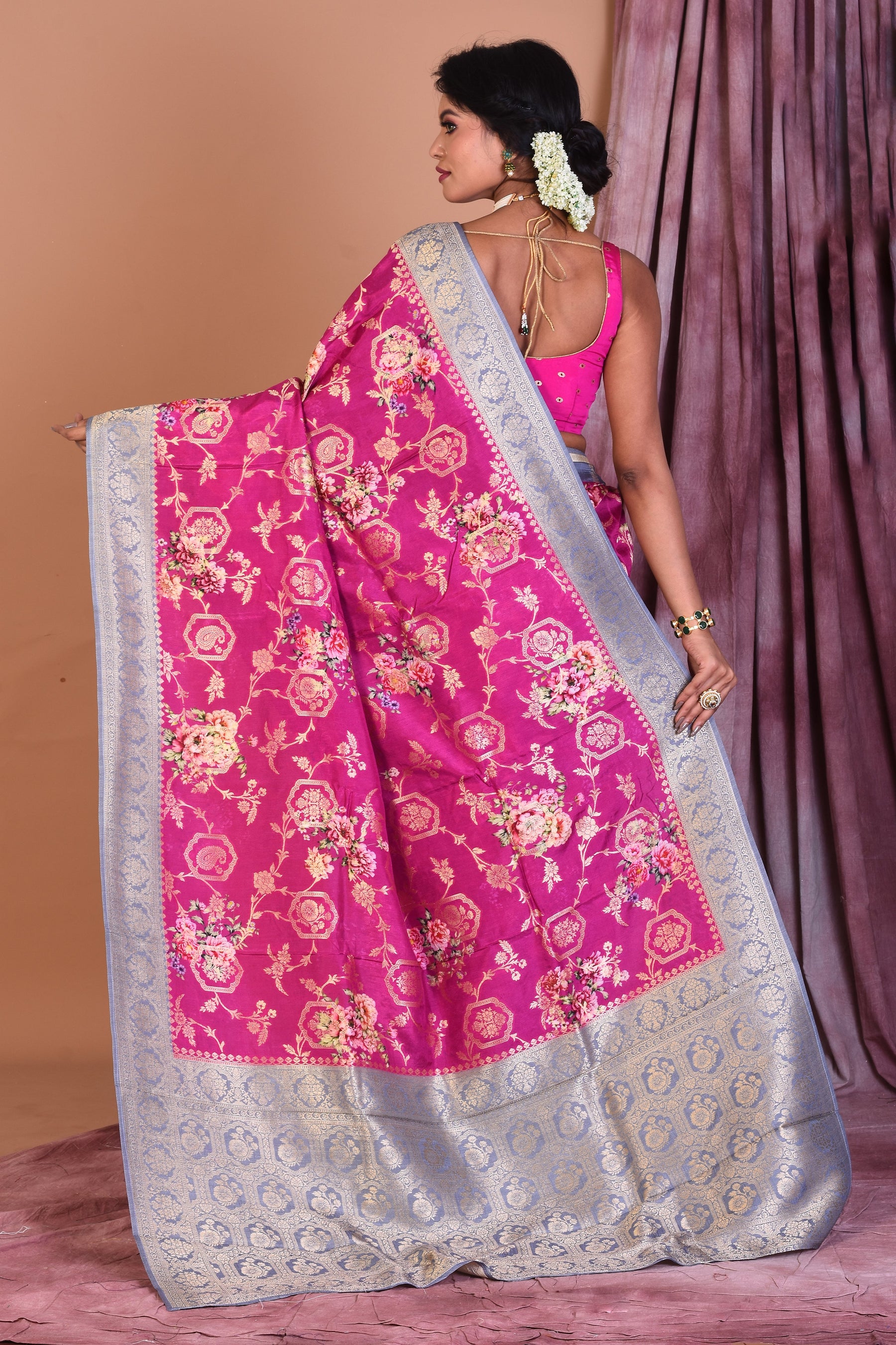 Onion Pink Dola Silk Saree with Grey Borders - Keya Seth Exclusive