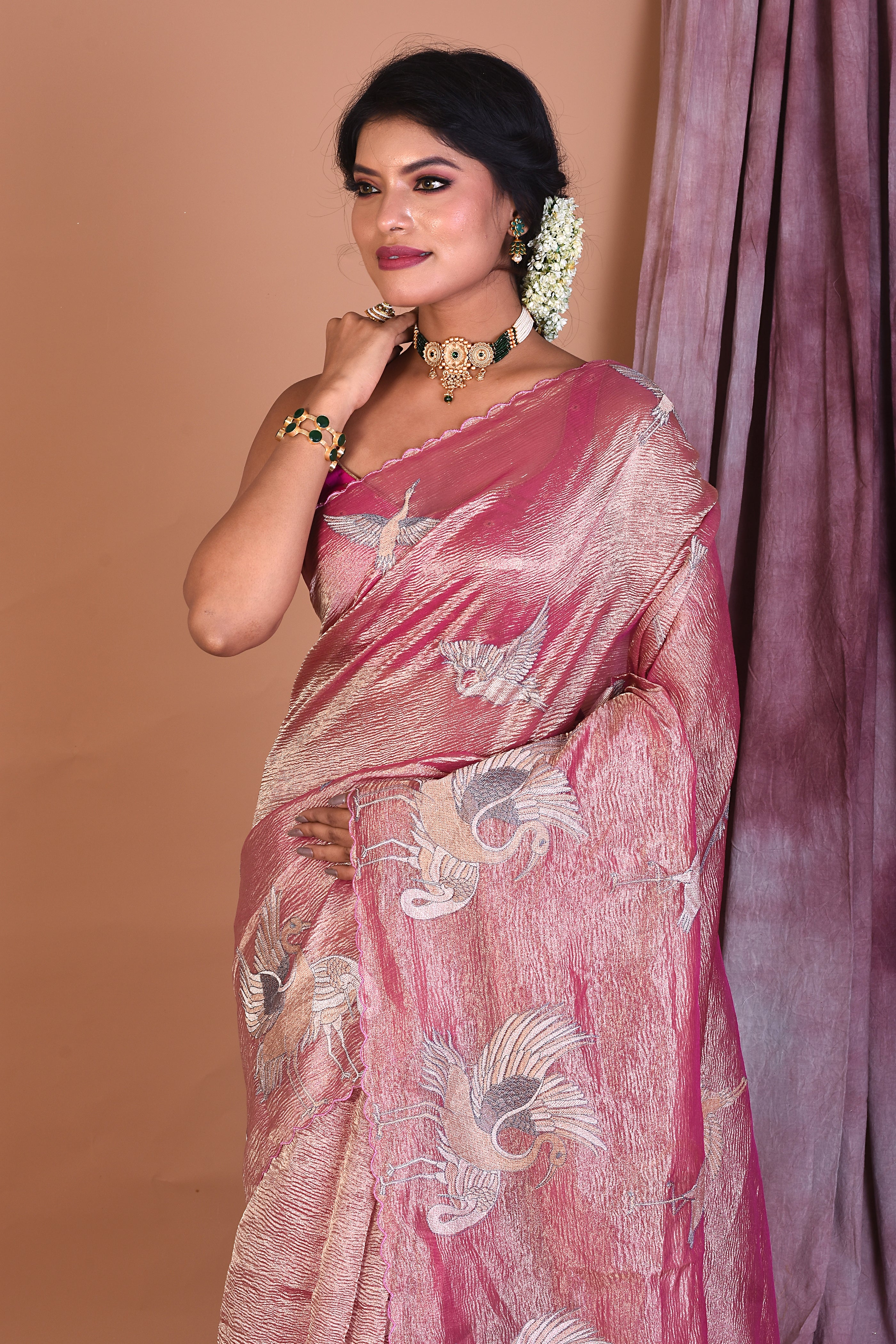 Pink Crushed Tissue Saree with Golden Zari - Keya Seth Exclusive