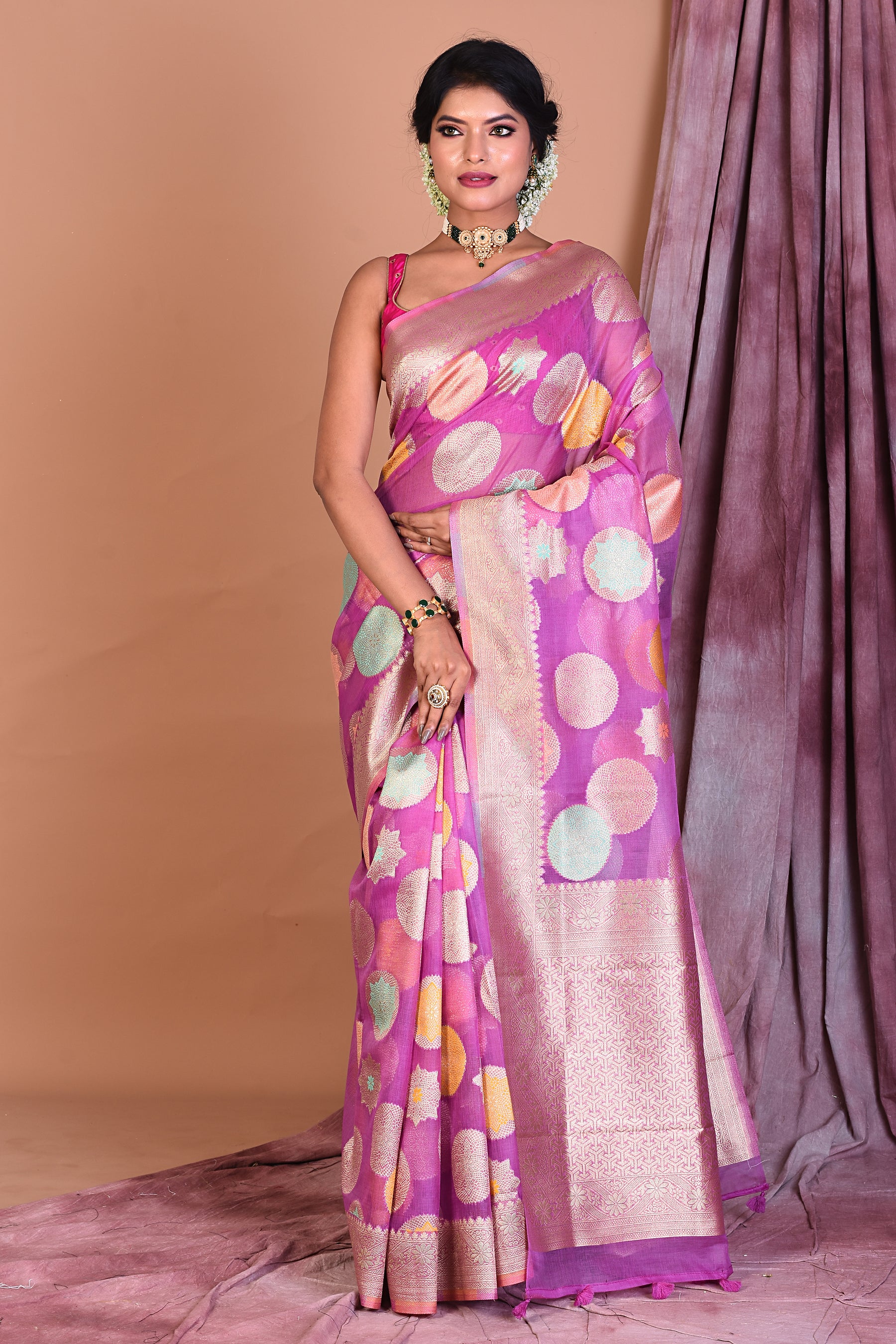 Magenta Blended Organza Saree with Zari Work - Keya Seth Exclusive