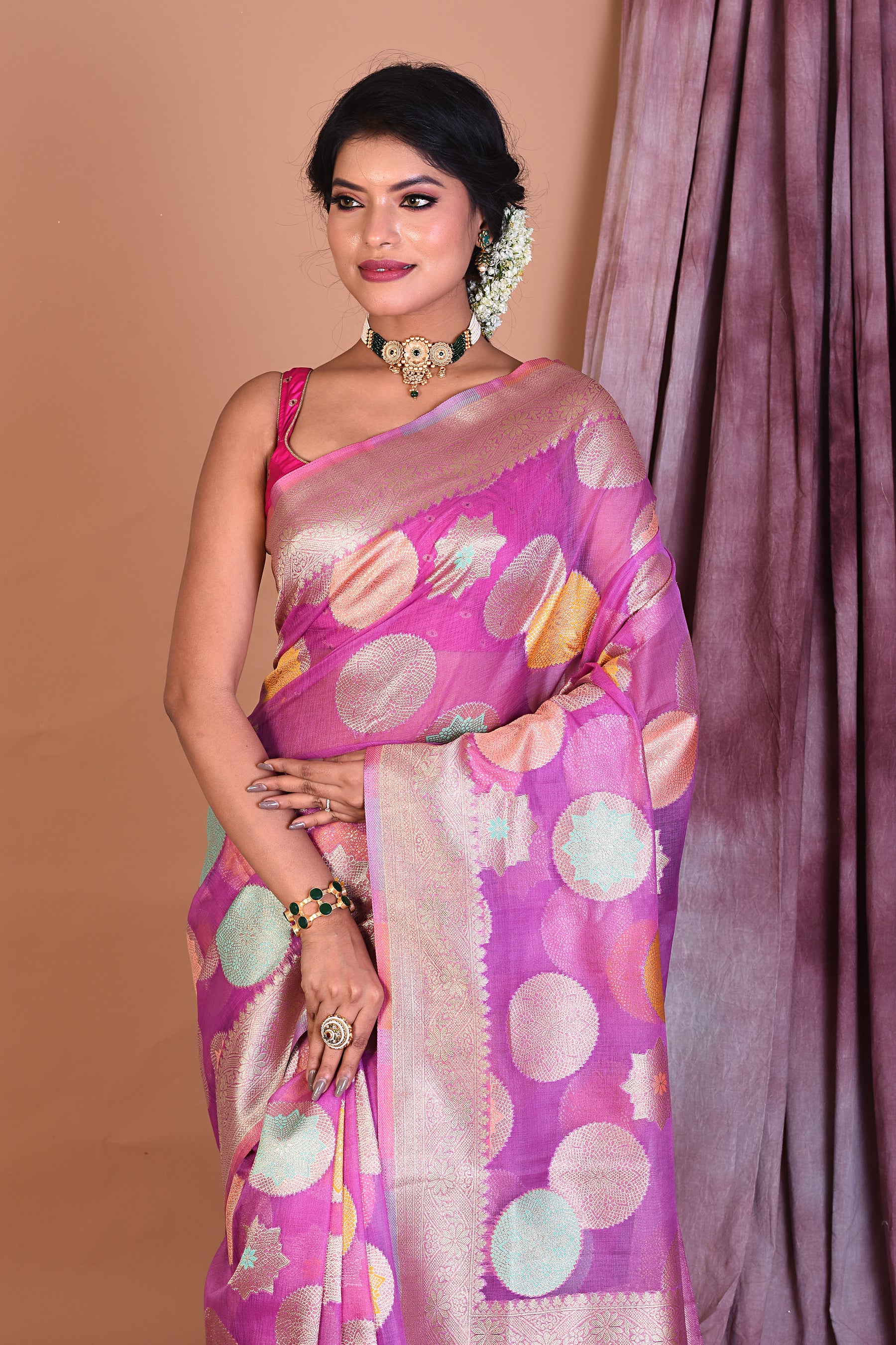 Magenta Blended Organza Saree with Zari Work - Keya Seth Exclusive