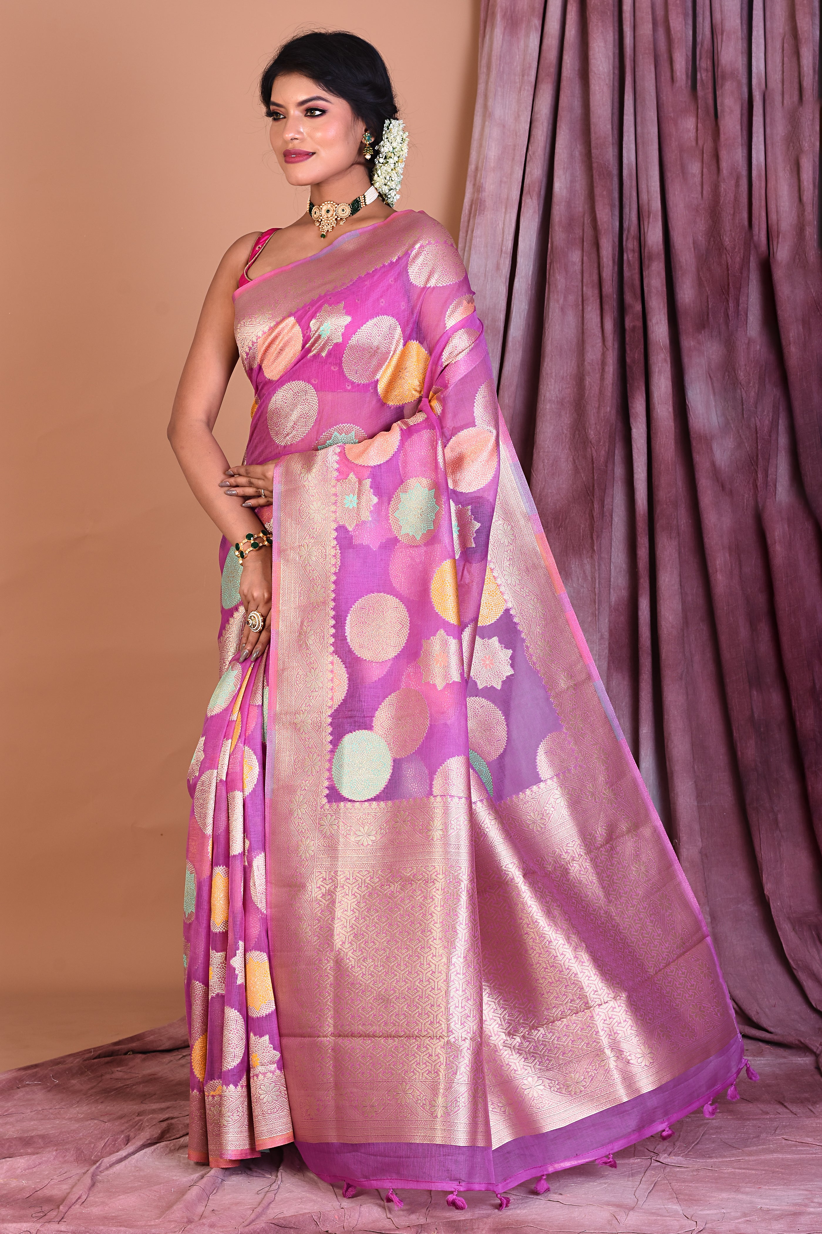 Magenta Blended Organza Saree with Zari Work - Keya Seth Exclusive