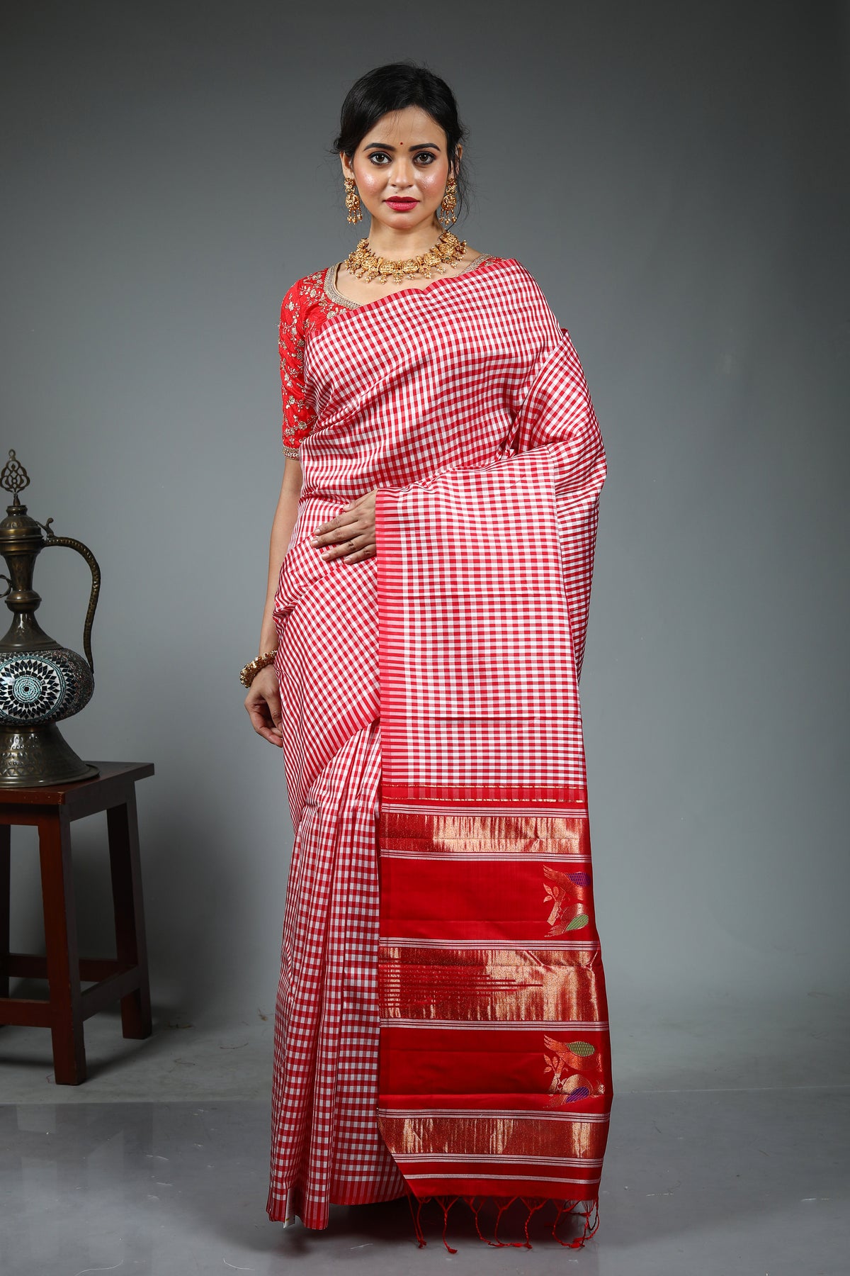 Red and White Checkered Kanjivaram Saree