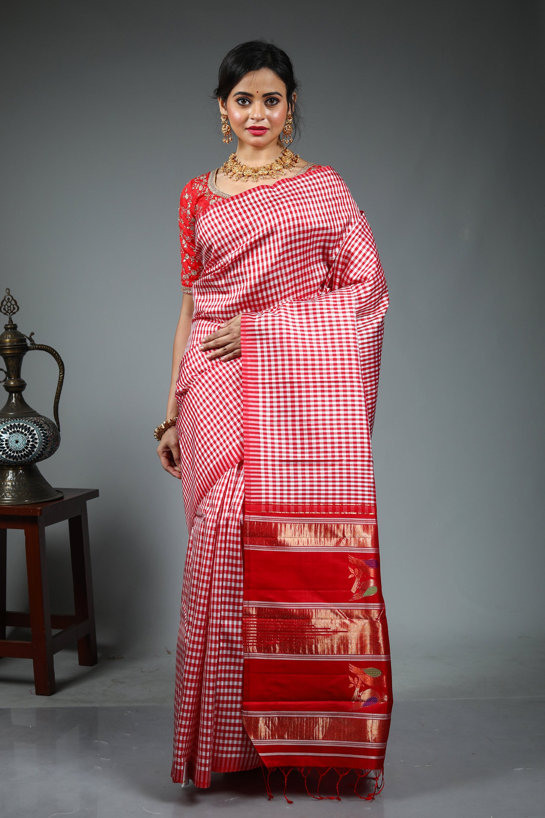 Red and White Checkered Kanjivaram Saree