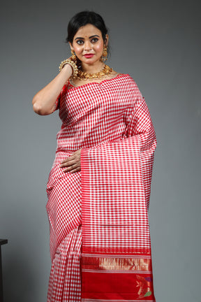 Red and White Checkered Kanjivaram Saree