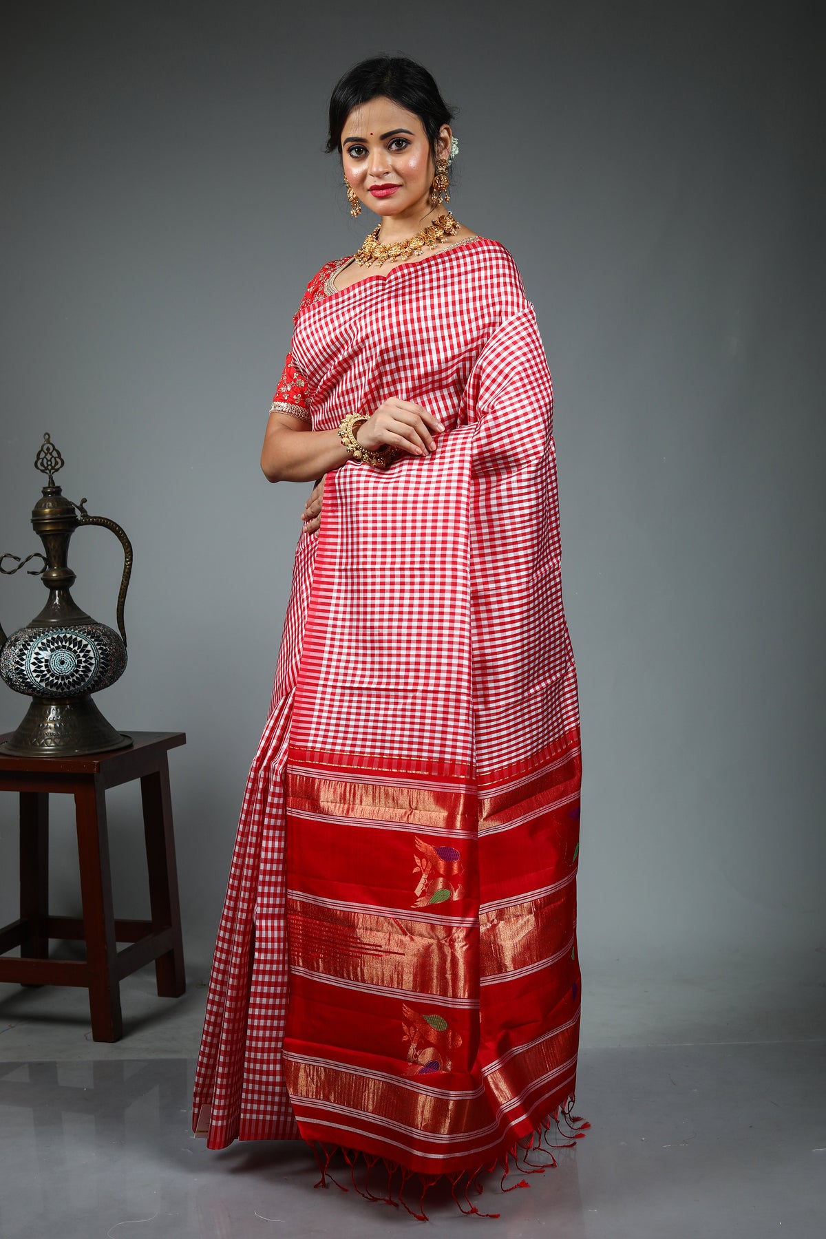 Red and White Checkered Kanjivaram Saree