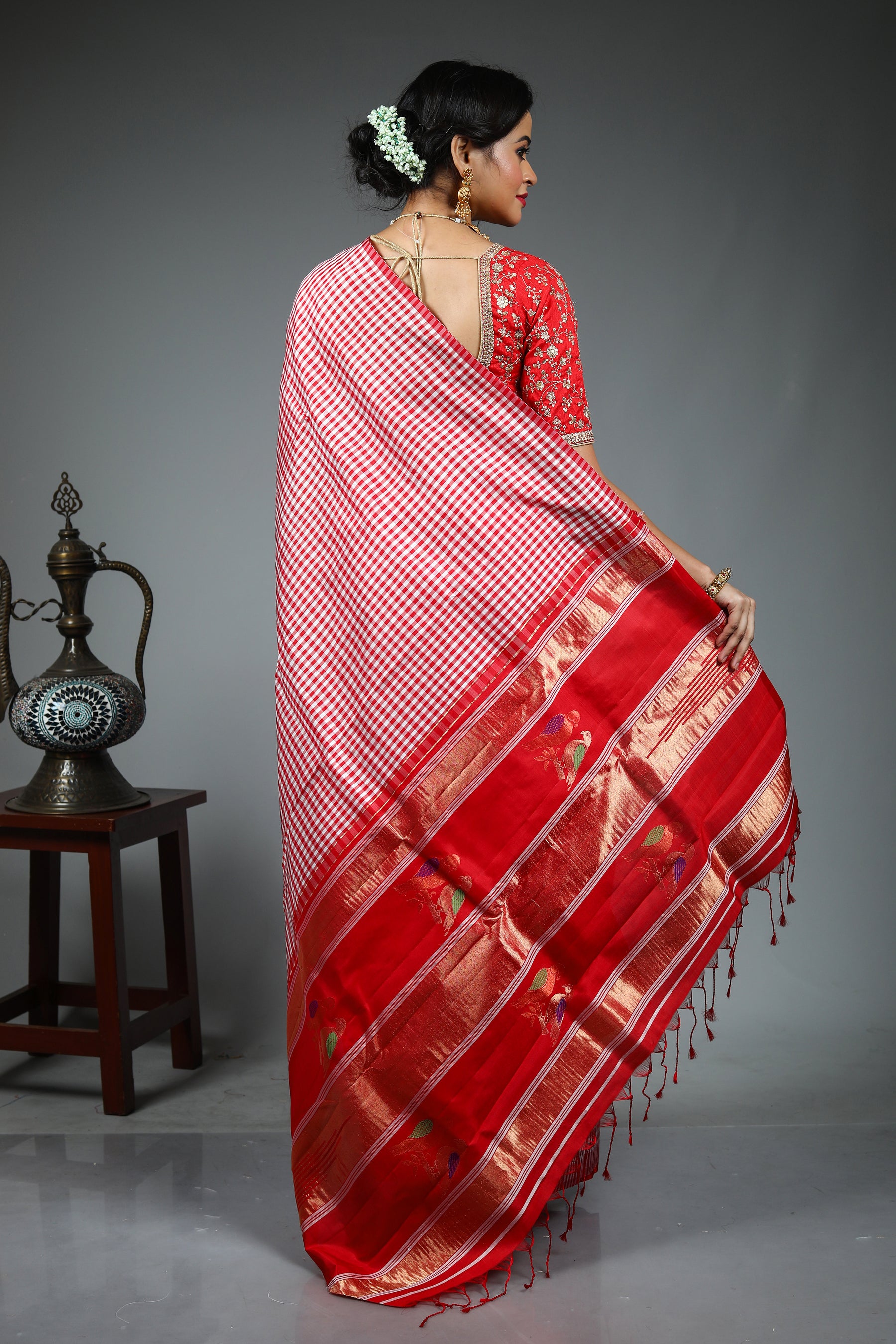 Red and White Checkered Kanjivaram Saree