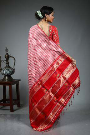 Red and White Checkered Kanjivaram Saree